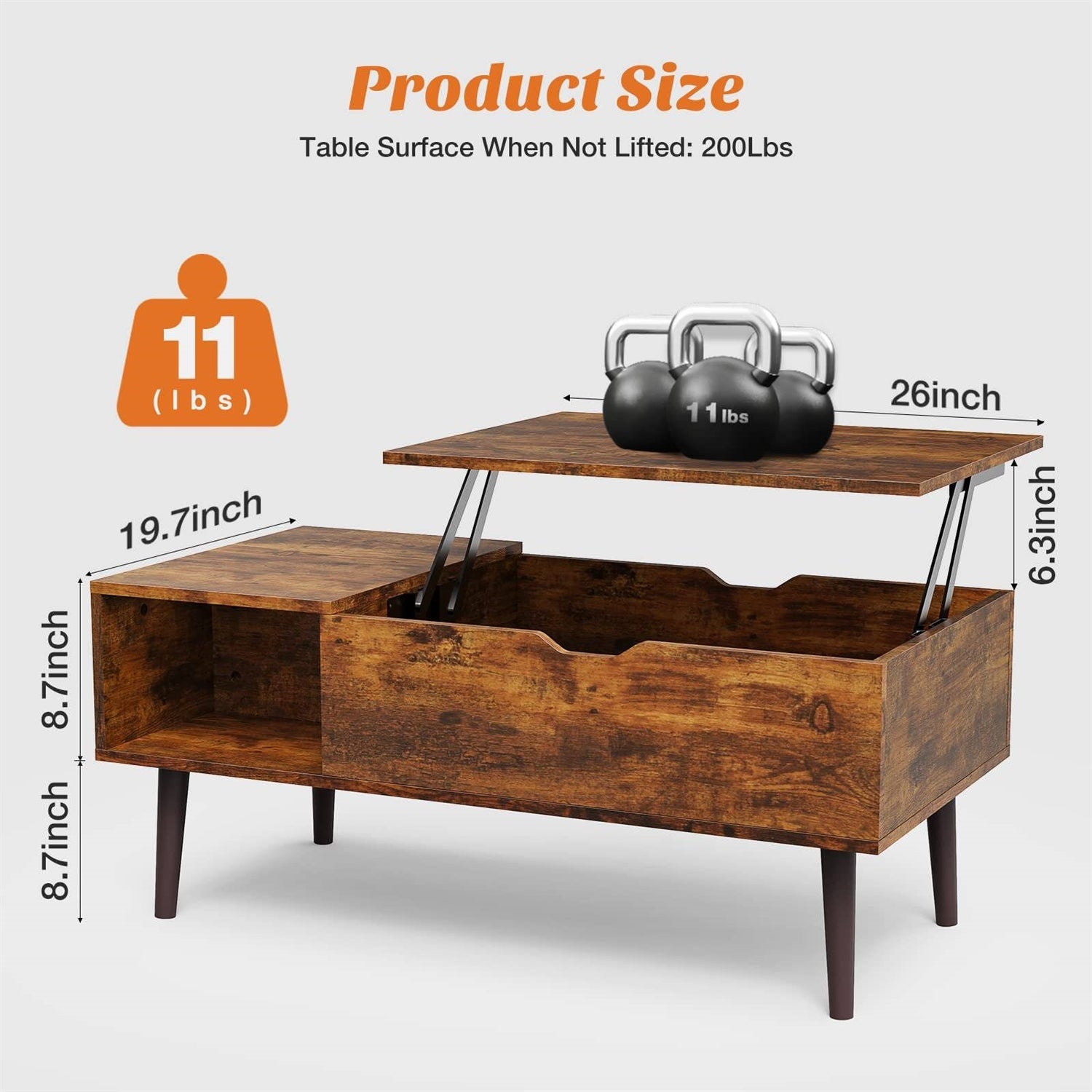 Mid-Century Modern Lift-Top Coffee Table, Brown Wood Finish
