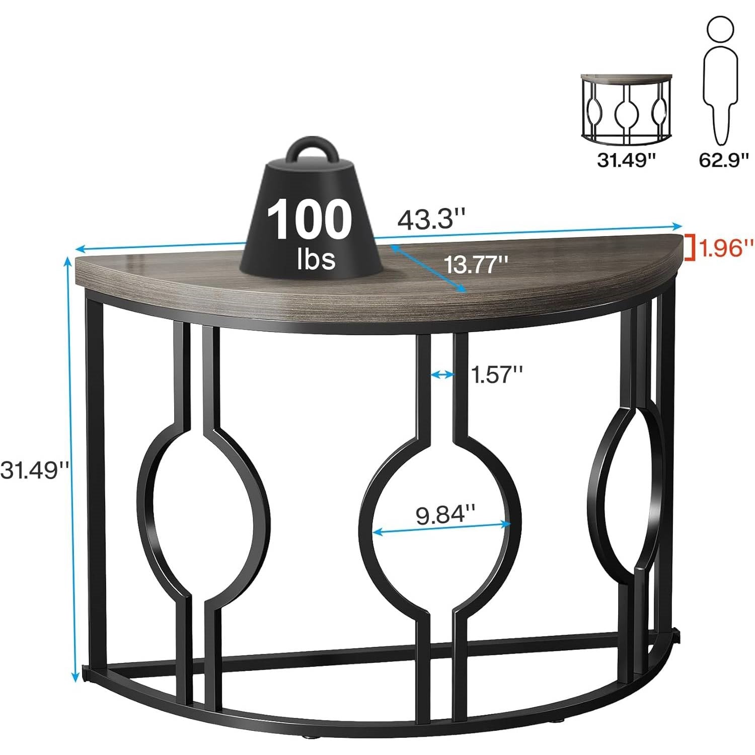 Half Moon Accent Sofa Table with Grey Wood Top, Black Frame