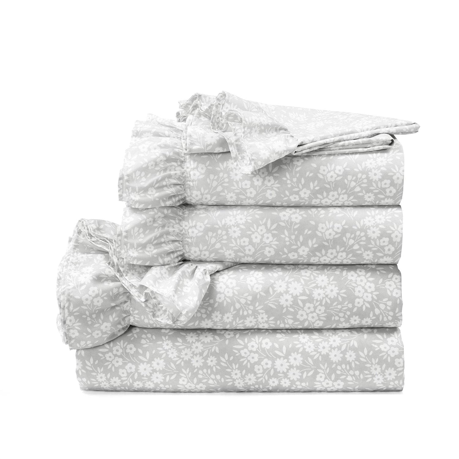 King Size, Grey Ruffle, Floral Polyester 6 Piece Sheet Set