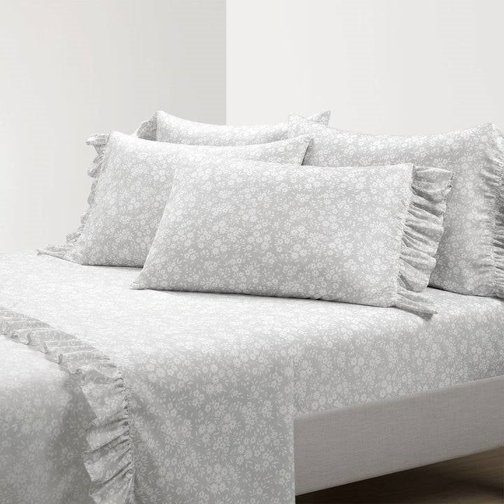 King Size, Grey Ruffle, Floral Polyester 6 Piece Sheet Set