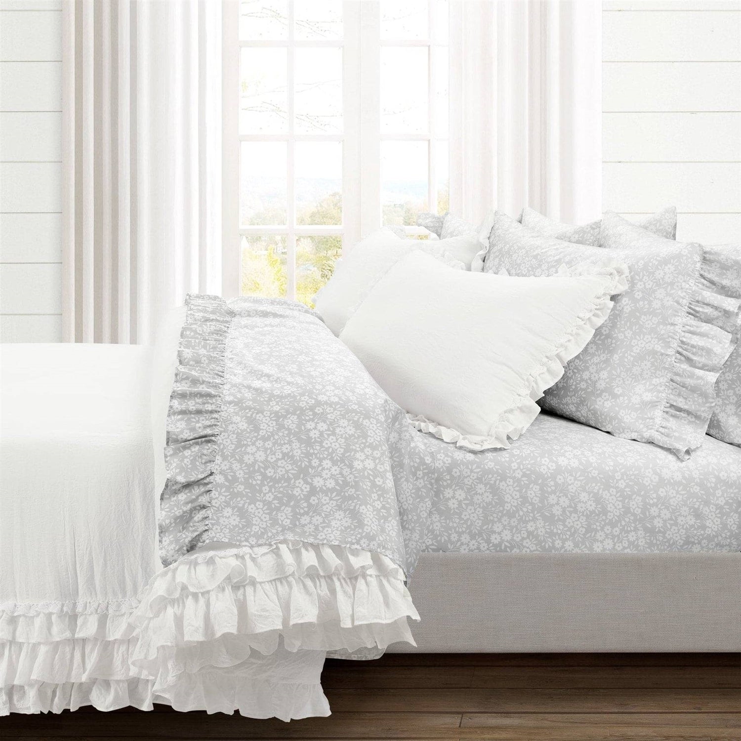 King Size, Grey Ruffle, Floral Polyester 6 Piece Sheet Set