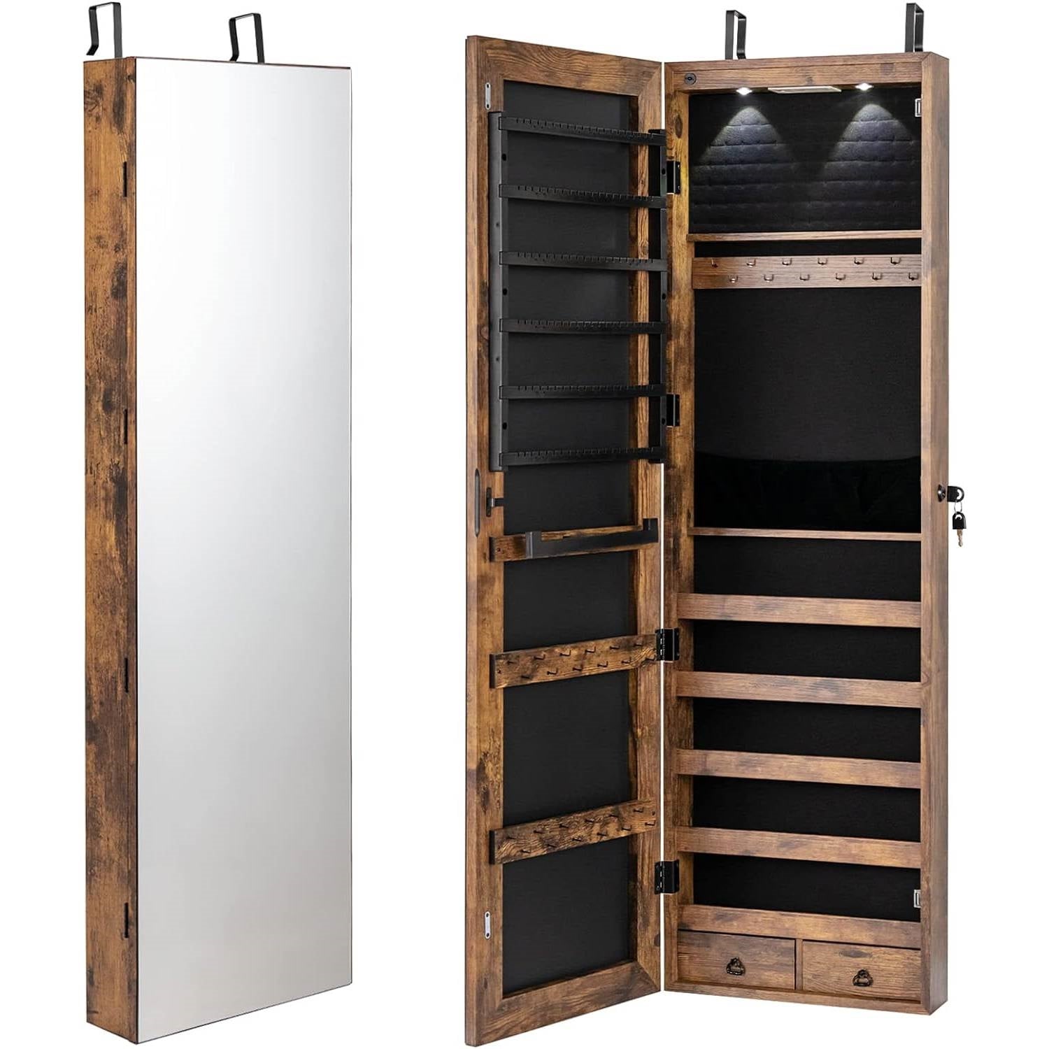 2-in-1 Door/Wall Mounted Jewelry Armoire in Brown Wood Finish