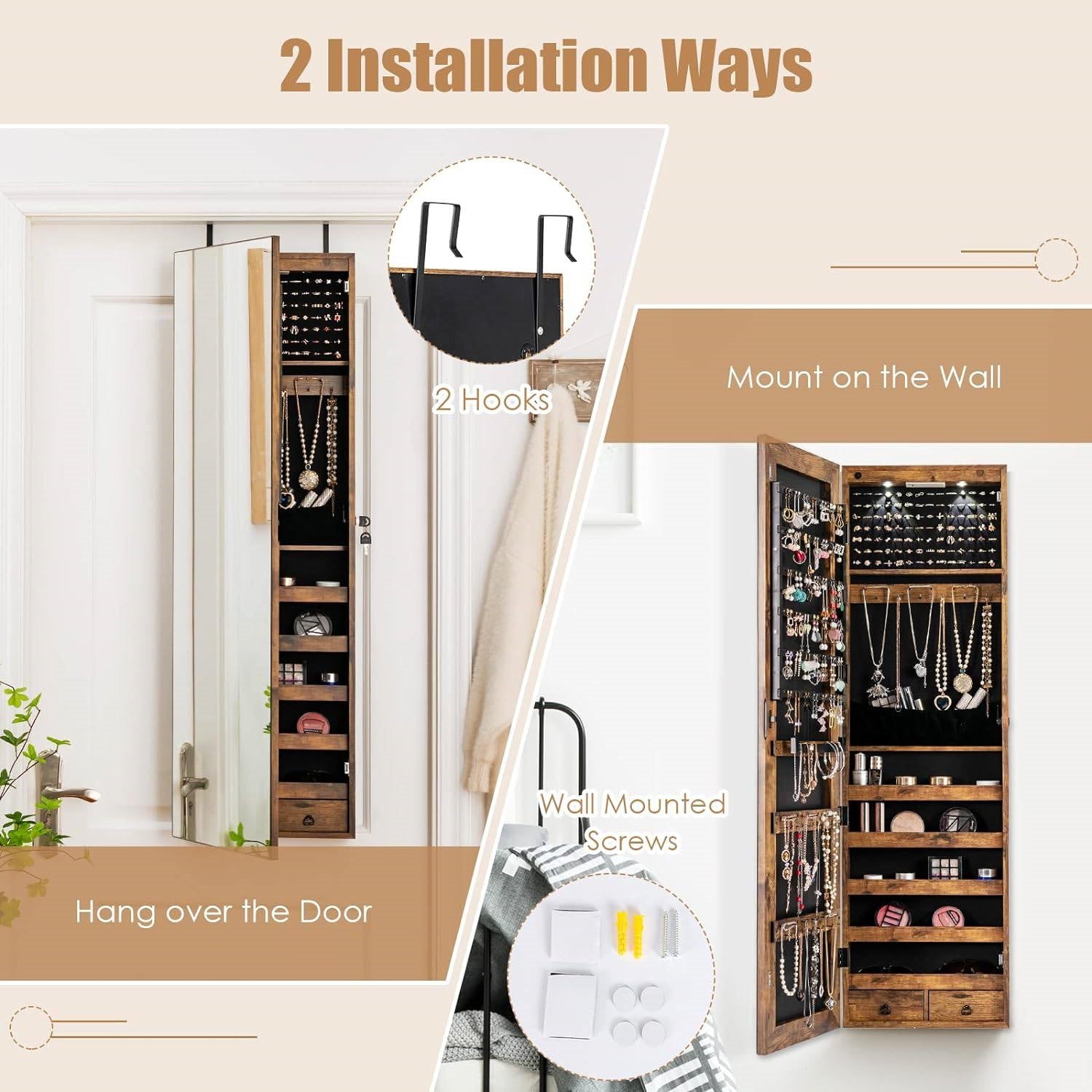 2-in-1 Door/Wall Mounted Jewelry Armoire in Brown Wood Finish