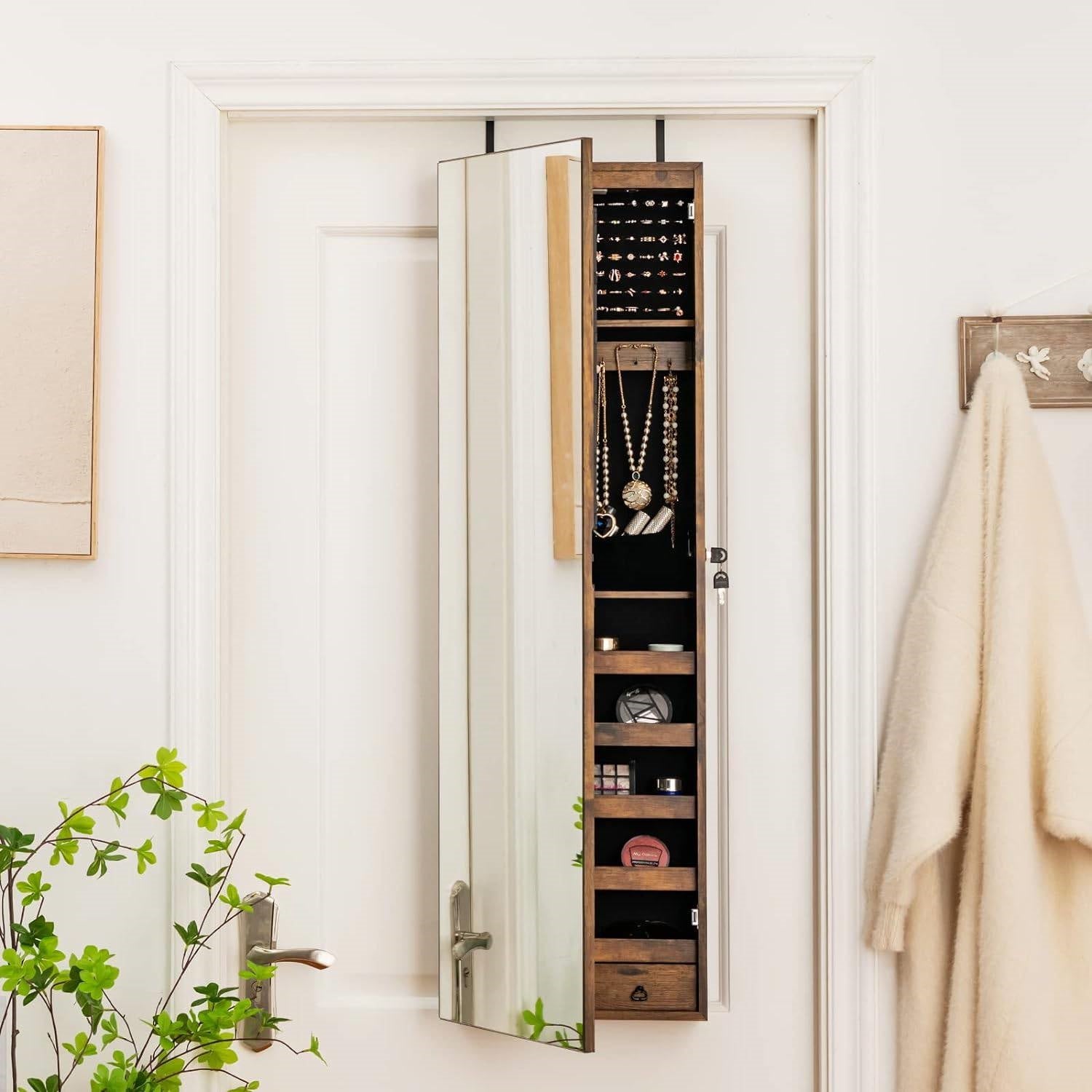 2-in-1 Door/Wall Mounted Jewelry Armoire in Brown Wood Finish