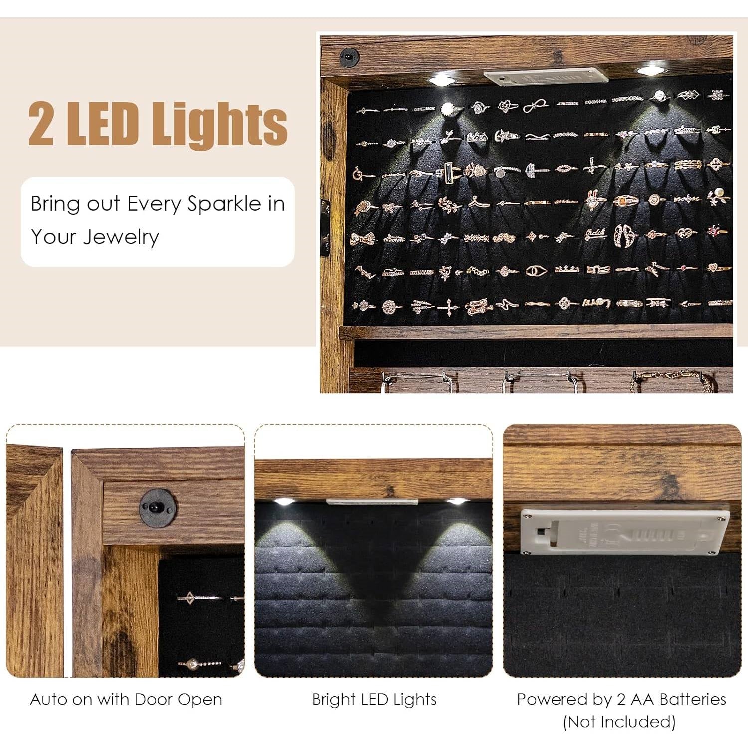 2-in-1 Door/Wall Mounted Jewelry Armoire in Brown Wood Finish