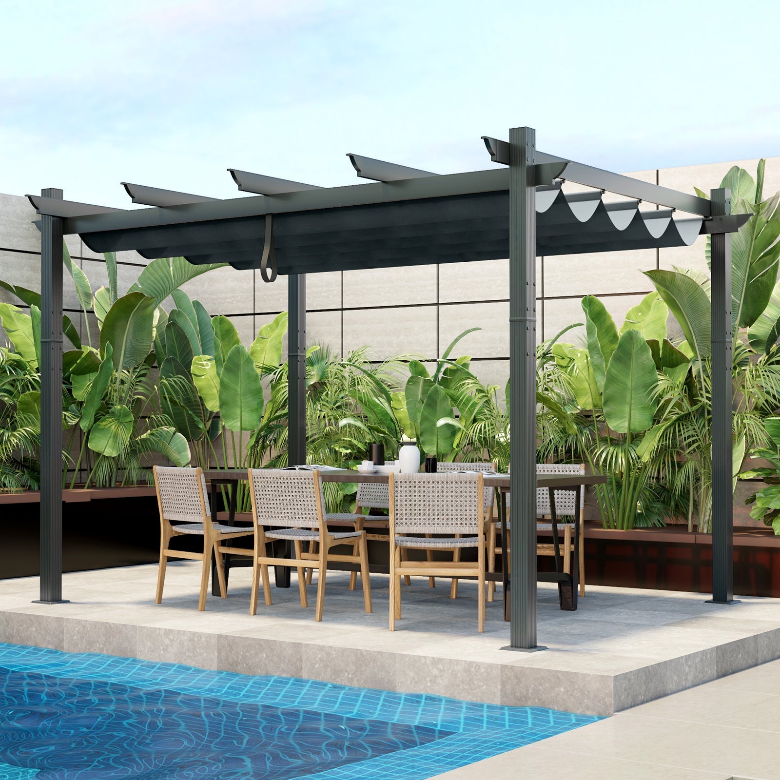 10 x 12 Feet Outdoor Aluminum Retractable Pergola Canopy-Gray