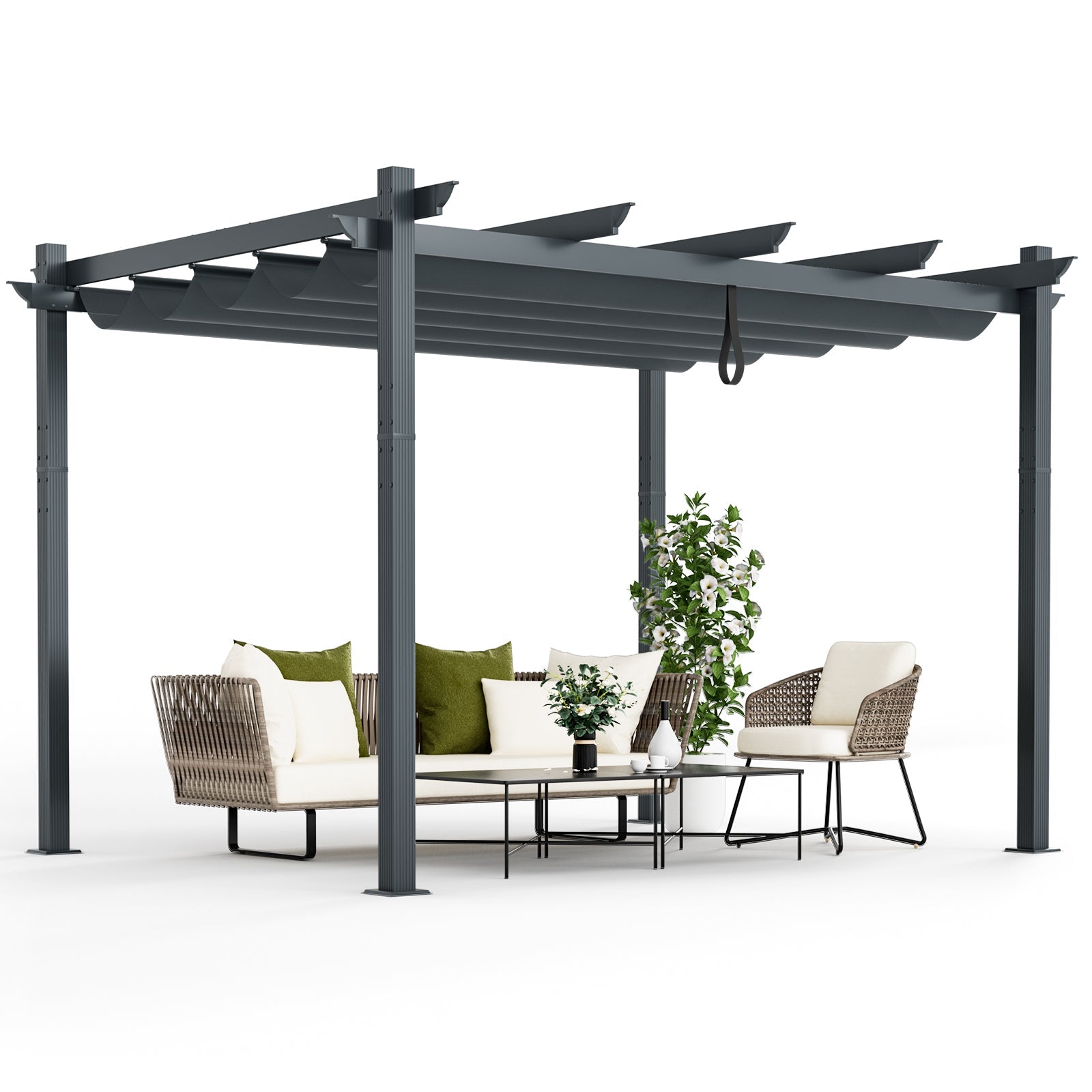 10 x 12 Feet Outdoor Aluminum Retractable Pergola Canopy-Gray