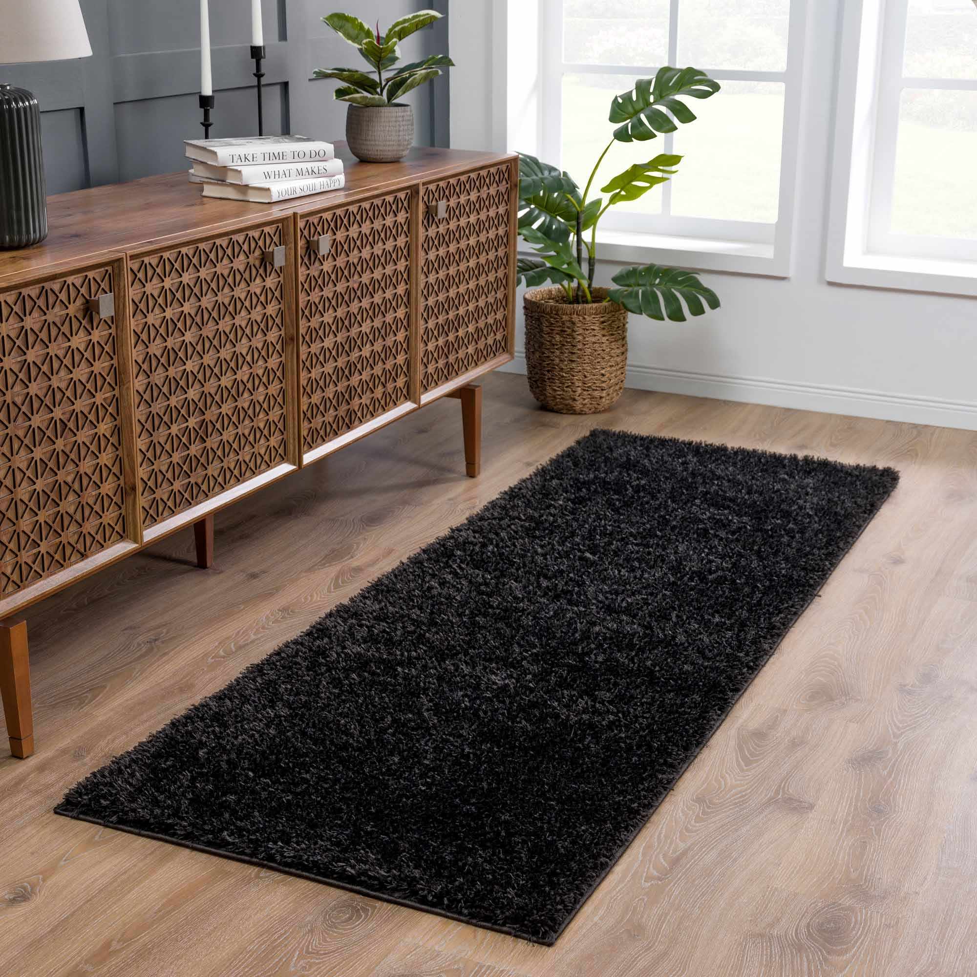 Faina Solid Black Shag Washable Area Rug - Clearance