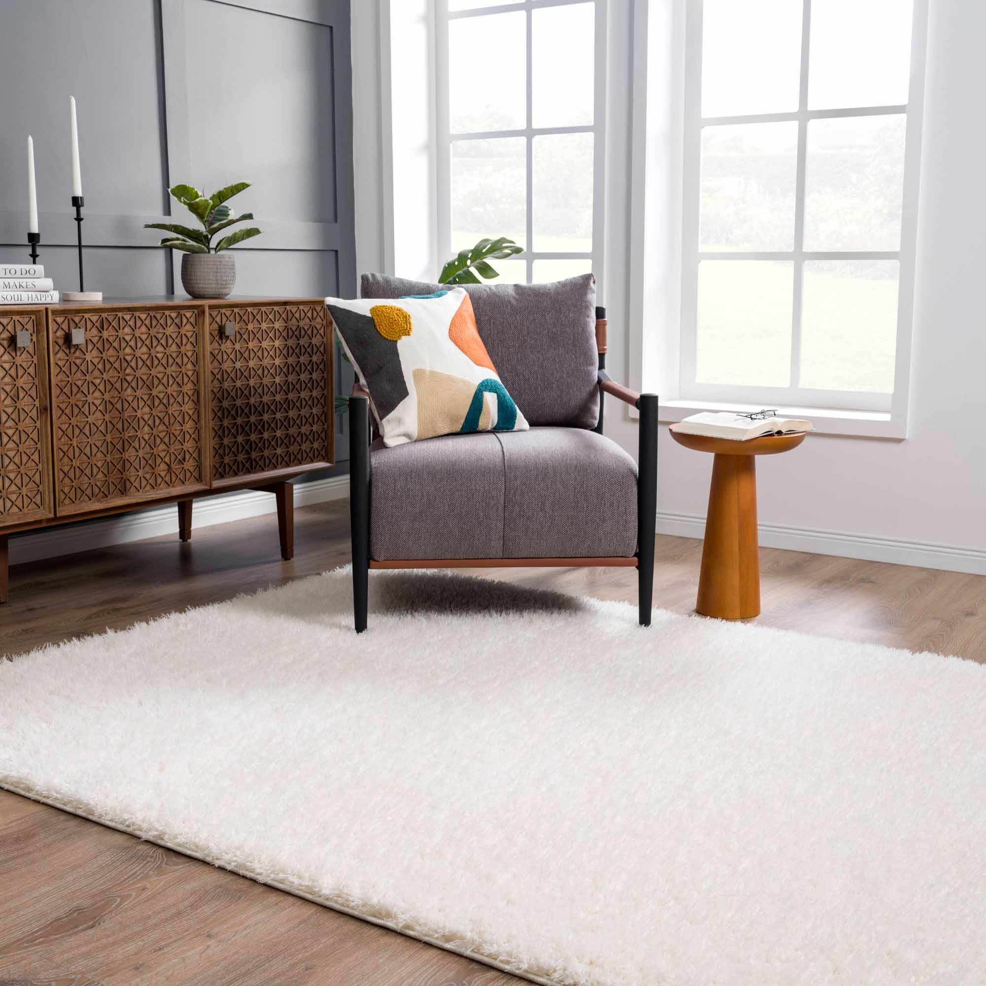 Faina Solid Cream Shag Washable Area Rug