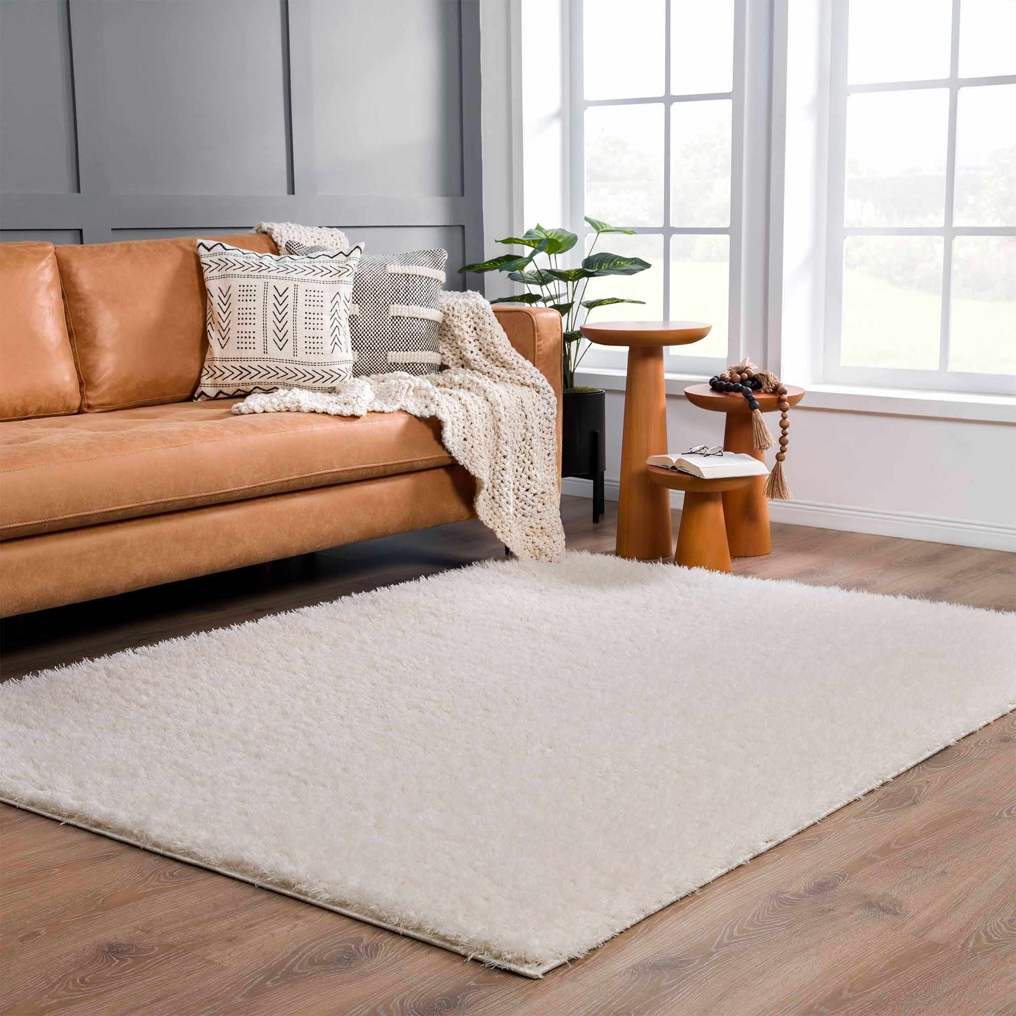 Faina Solid Cream Shag Washable Area Rug