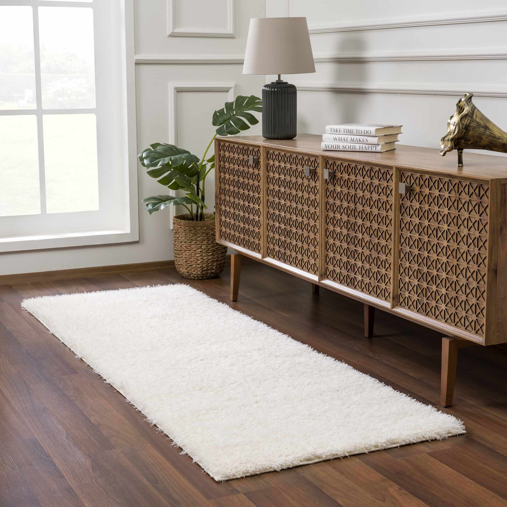 Faina Solid Cream Shag Washable Area Rug