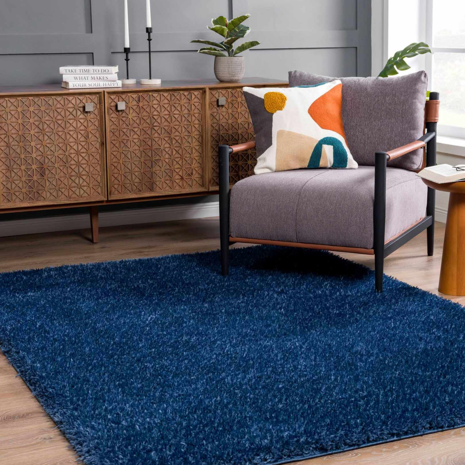 Faina Solid Dark Blue Shag Washable Area Rug - Clearance