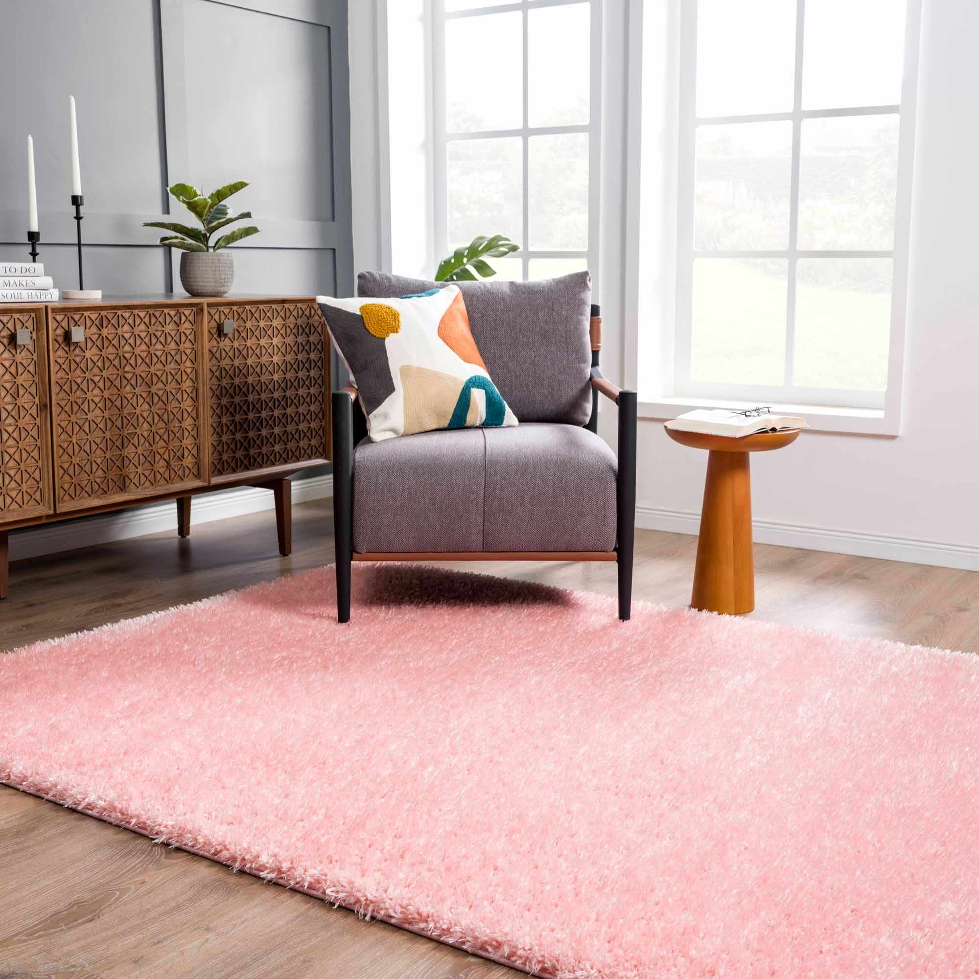 Faina Solid Pink Shag Washable Area Rug