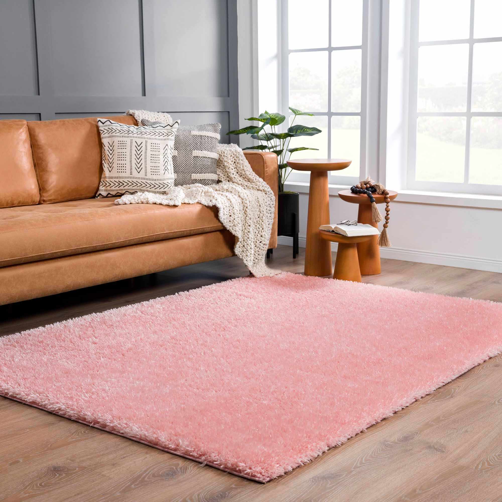 Faina Solid Pink Shag Washable Area Rug