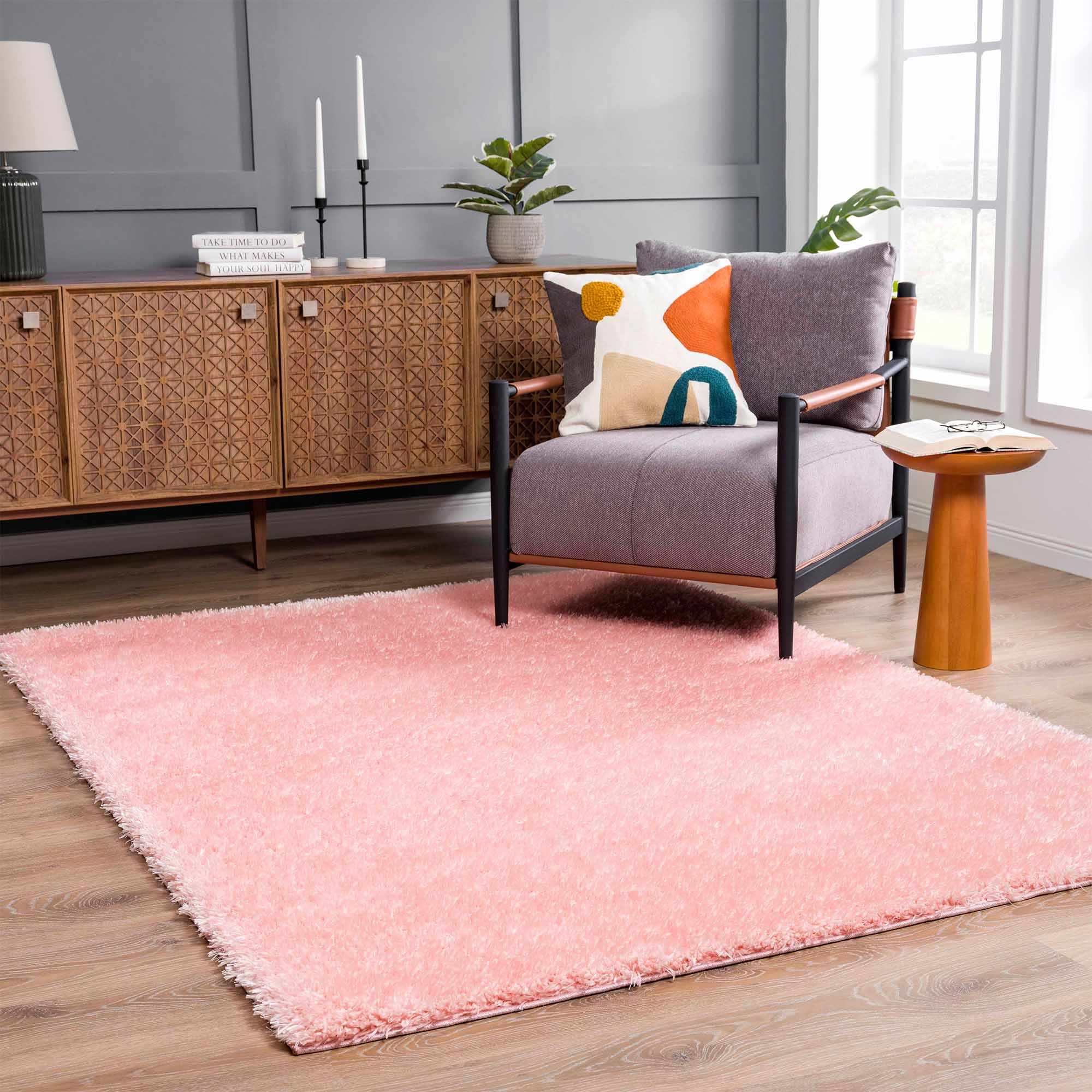 Faina Solid Pink Shag Washable Area Rug
