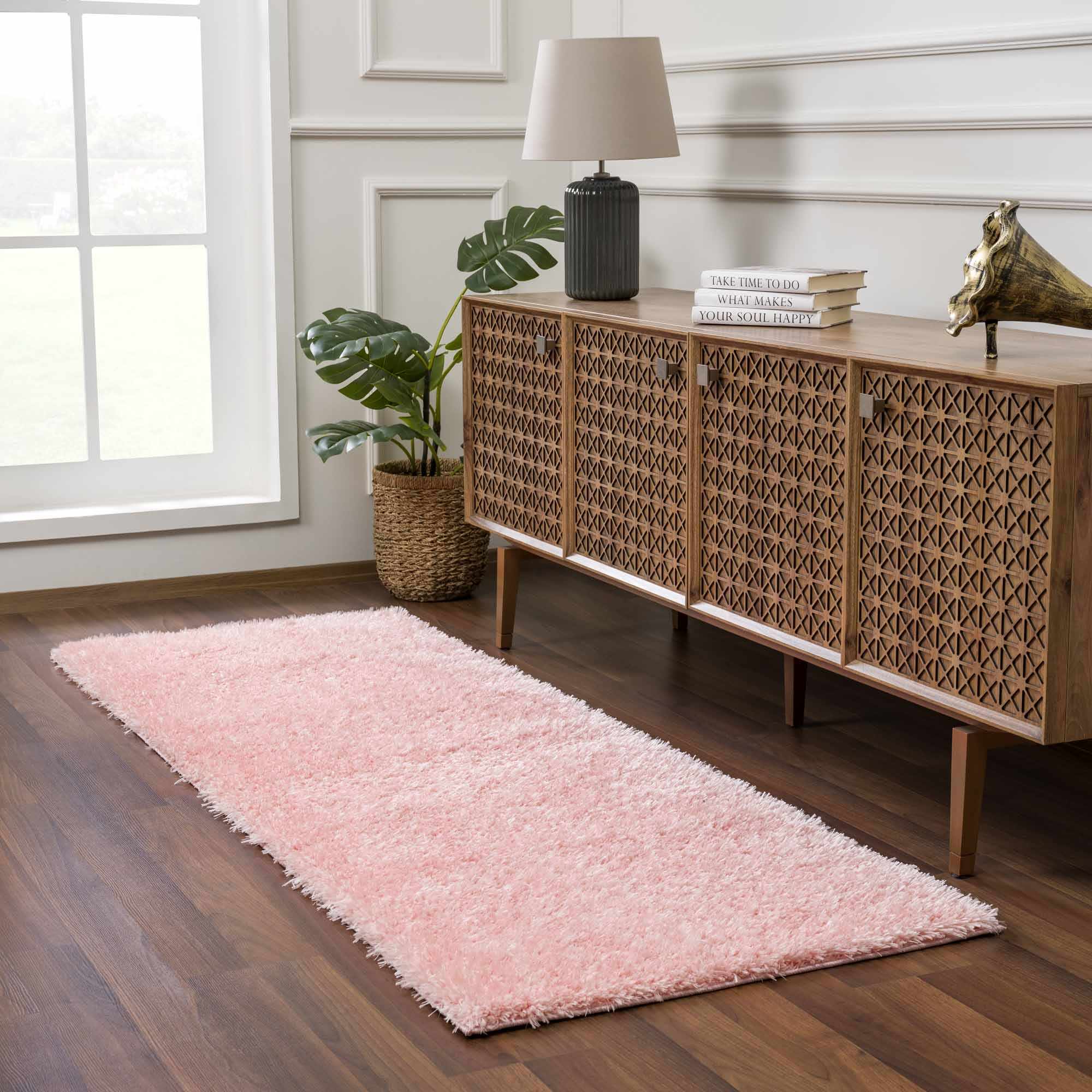 Faina Solid Pink Shag Washable Area Rug