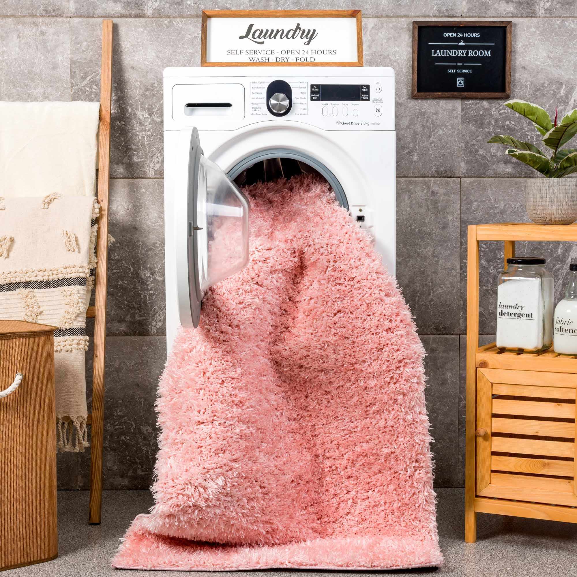 Faina Solid Pink Shag Washable Area Rug