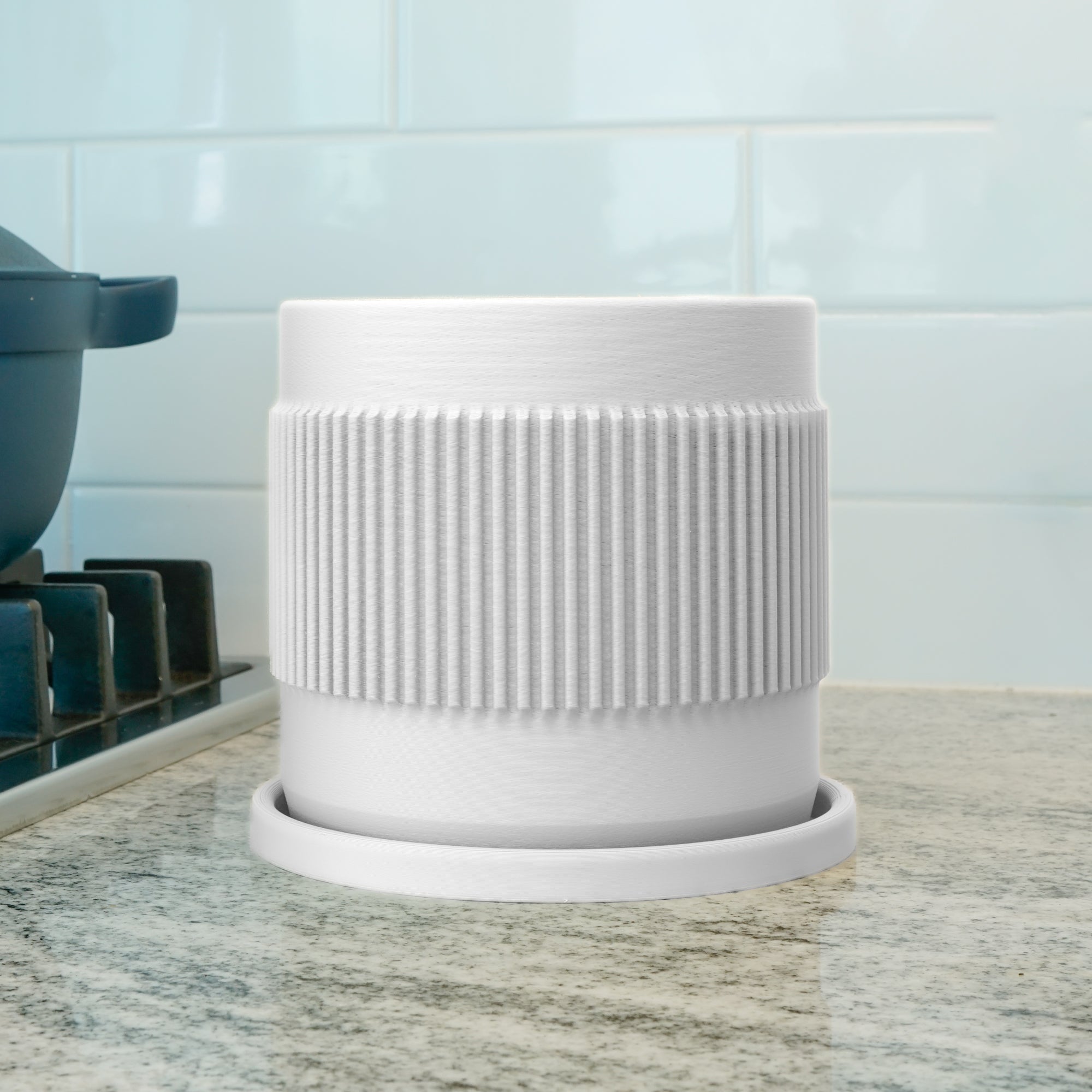 Half Mid-Century Ribbed Planter with Drainage and Saucer