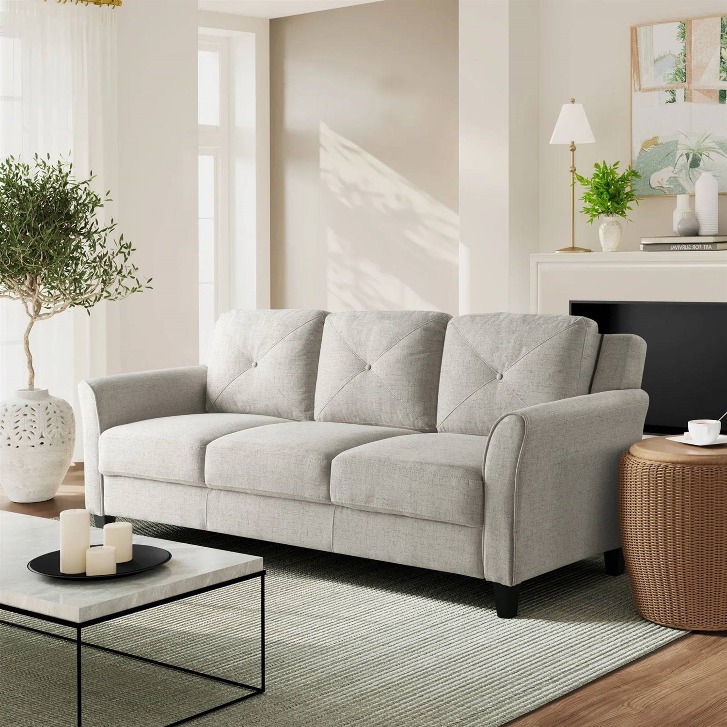 3-Seater Upholstered Sofa in Cream with Button Tufted Cushions
