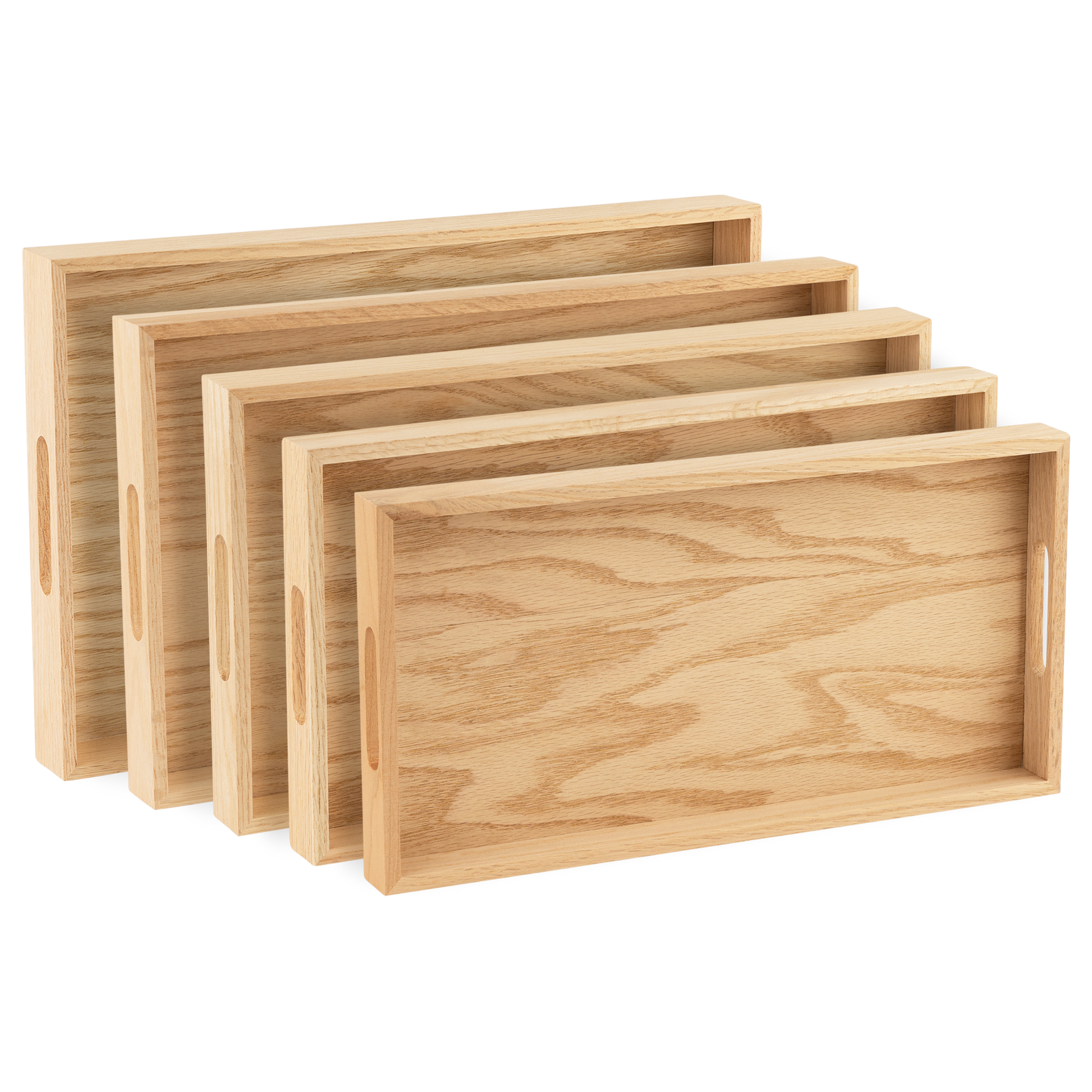 Oak Wood Nested Serving Trays  Five Piece Set of Rectangular Quality Wooden Trays with Cut Out Handles