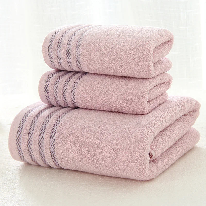 New Stripe Cotton Bath Towel of 3 Sets, Solid Color