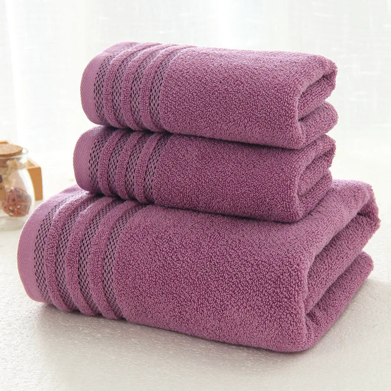 New Stripe Cotton Bath Towel of 3 Sets, Solid Color