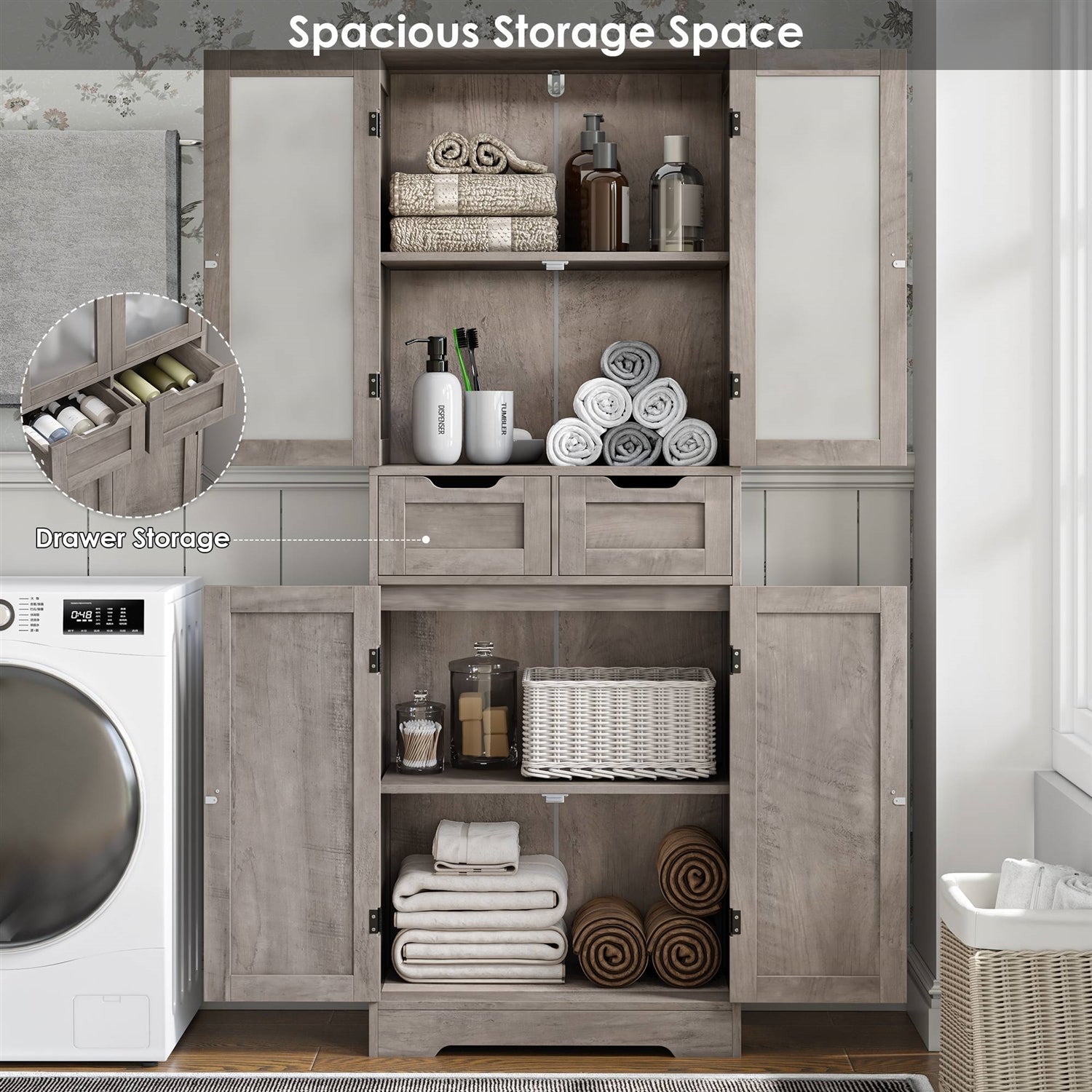 Farmhouse Bathroom Linen Cabinet with Storage Drawers in Grey