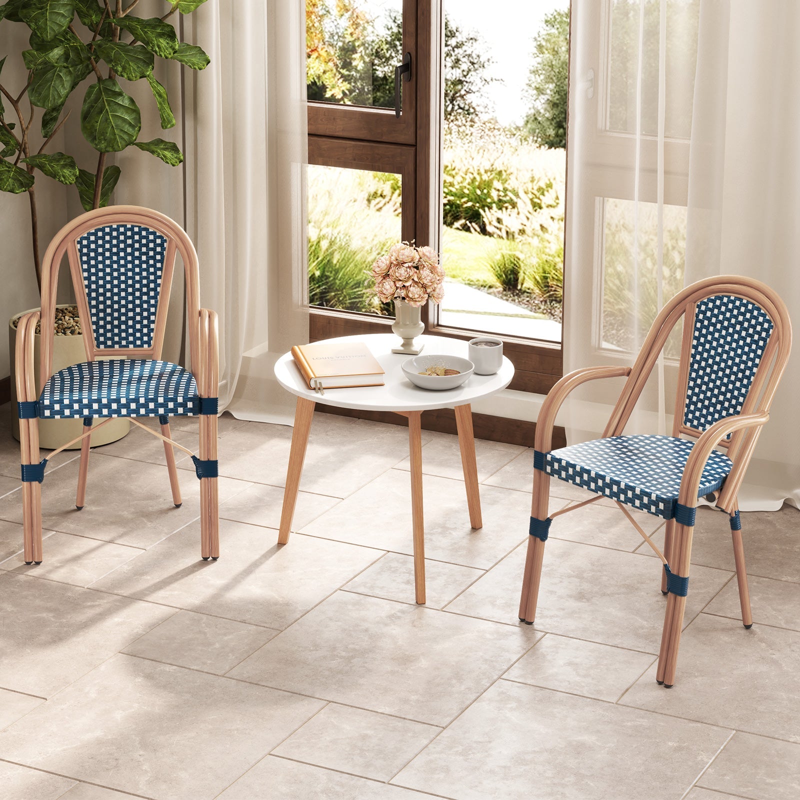 Hand-Woven Outdoor French Bistro Chairs Set of 2 - Blue