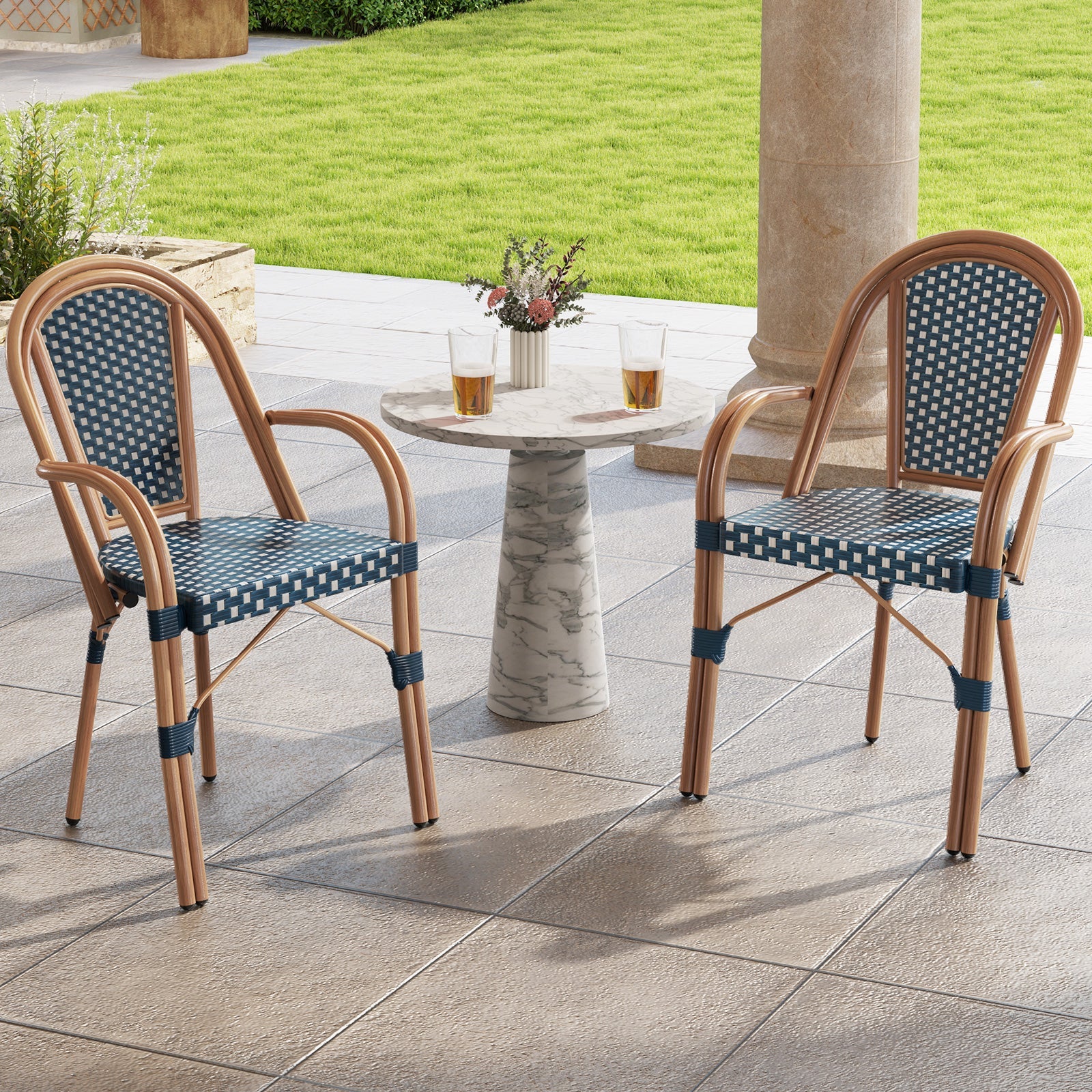Hand-Woven Outdoor French Bistro Chairs Set of 2 - Blue