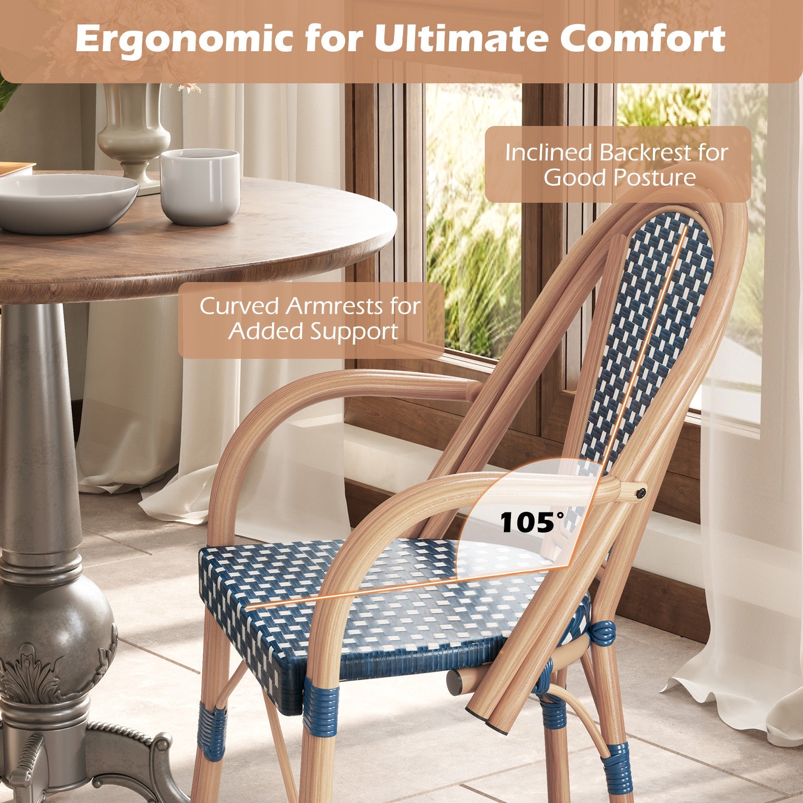 Hand-Woven Outdoor French Bistro Chairs Set of 2 - Blue
