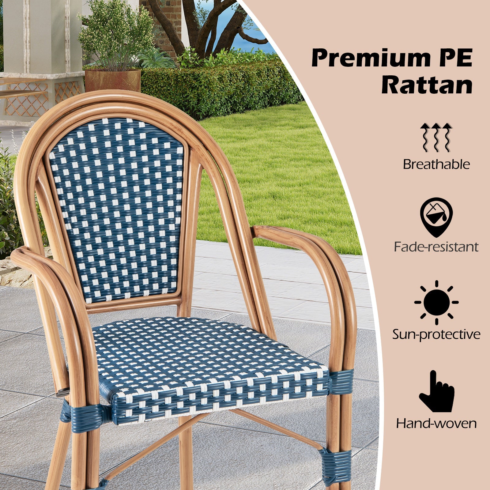 Hand-Woven Outdoor French Bistro Chairs Set of 2 - Blue