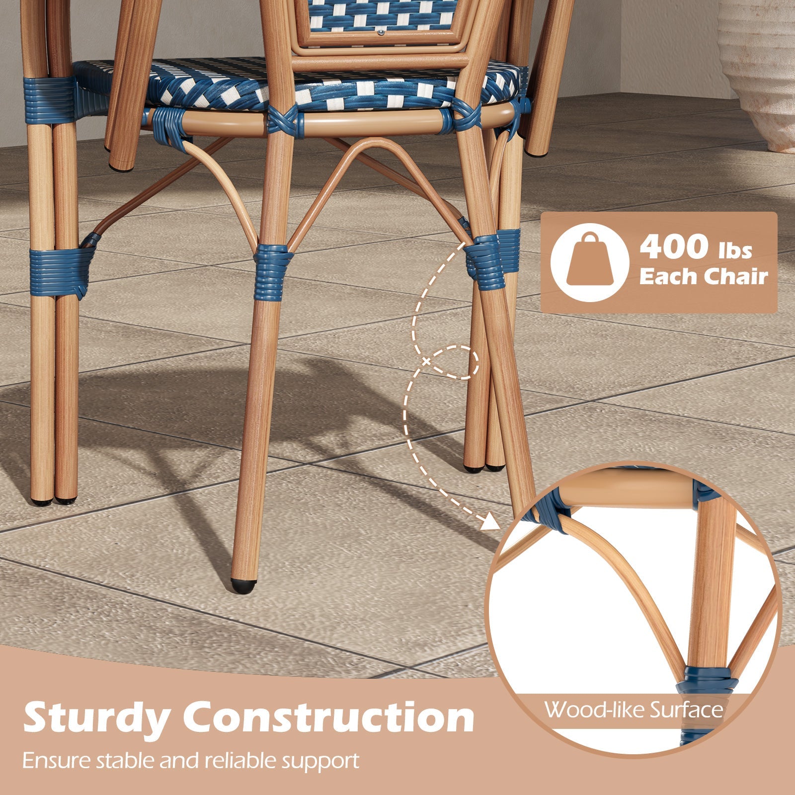 Hand-Woven Outdoor French Bistro Chairs Set of 2 - Blue