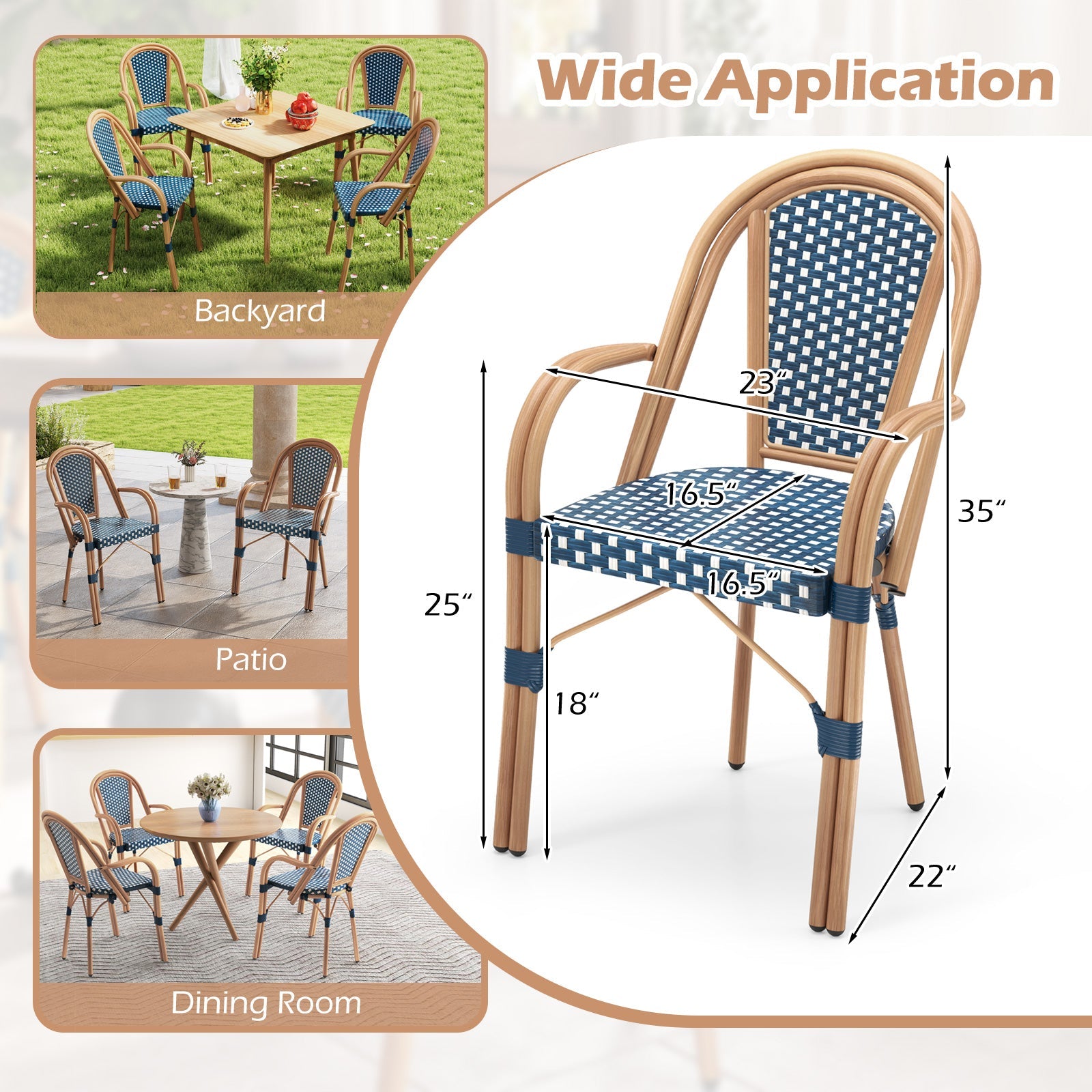 Hand-Woven Outdoor French Bistro Chairs Set of 2 - Blue