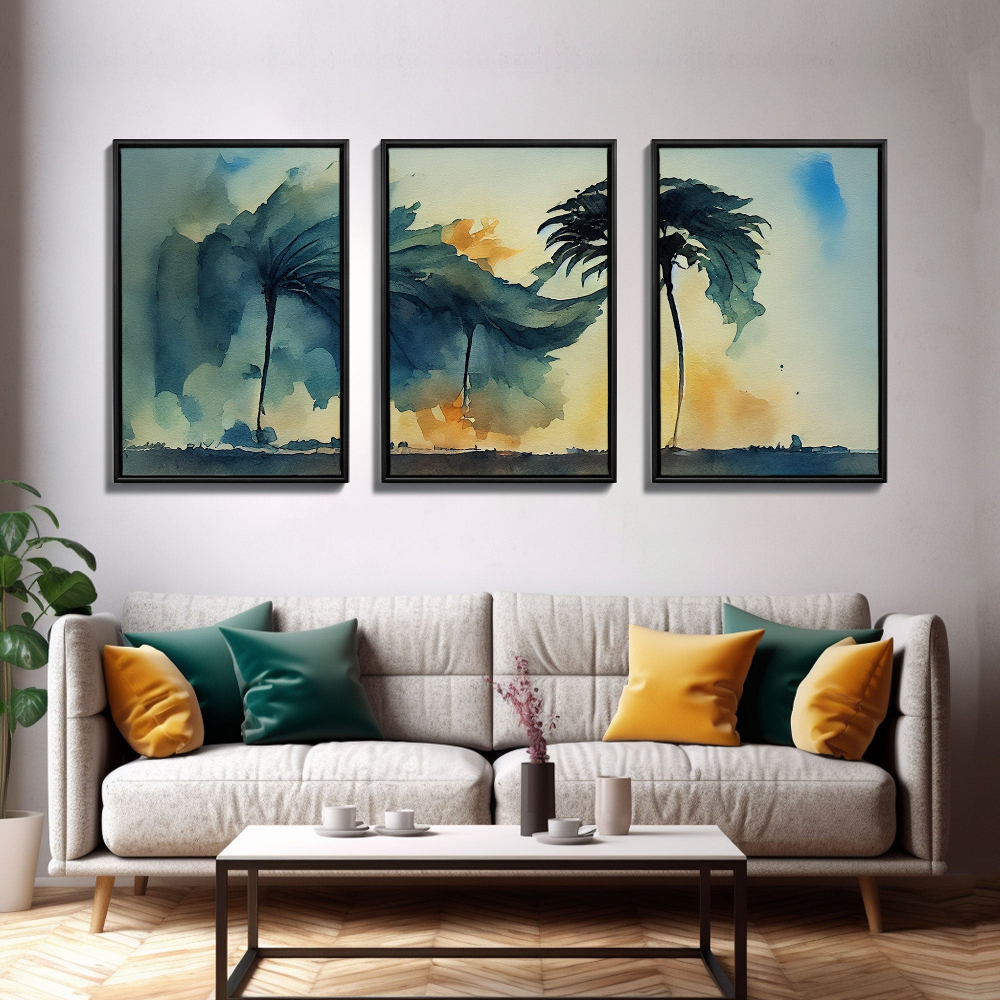 Watercolor of a Palm Tree Blowing in a Hurricane, 3 Piece Canvas Print, Wall Art