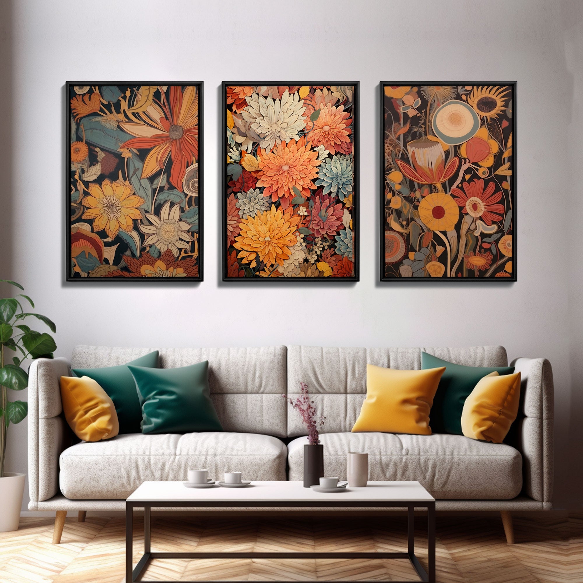 Boho Style Wall Art, Framed Canvas Print 3 Piece Set