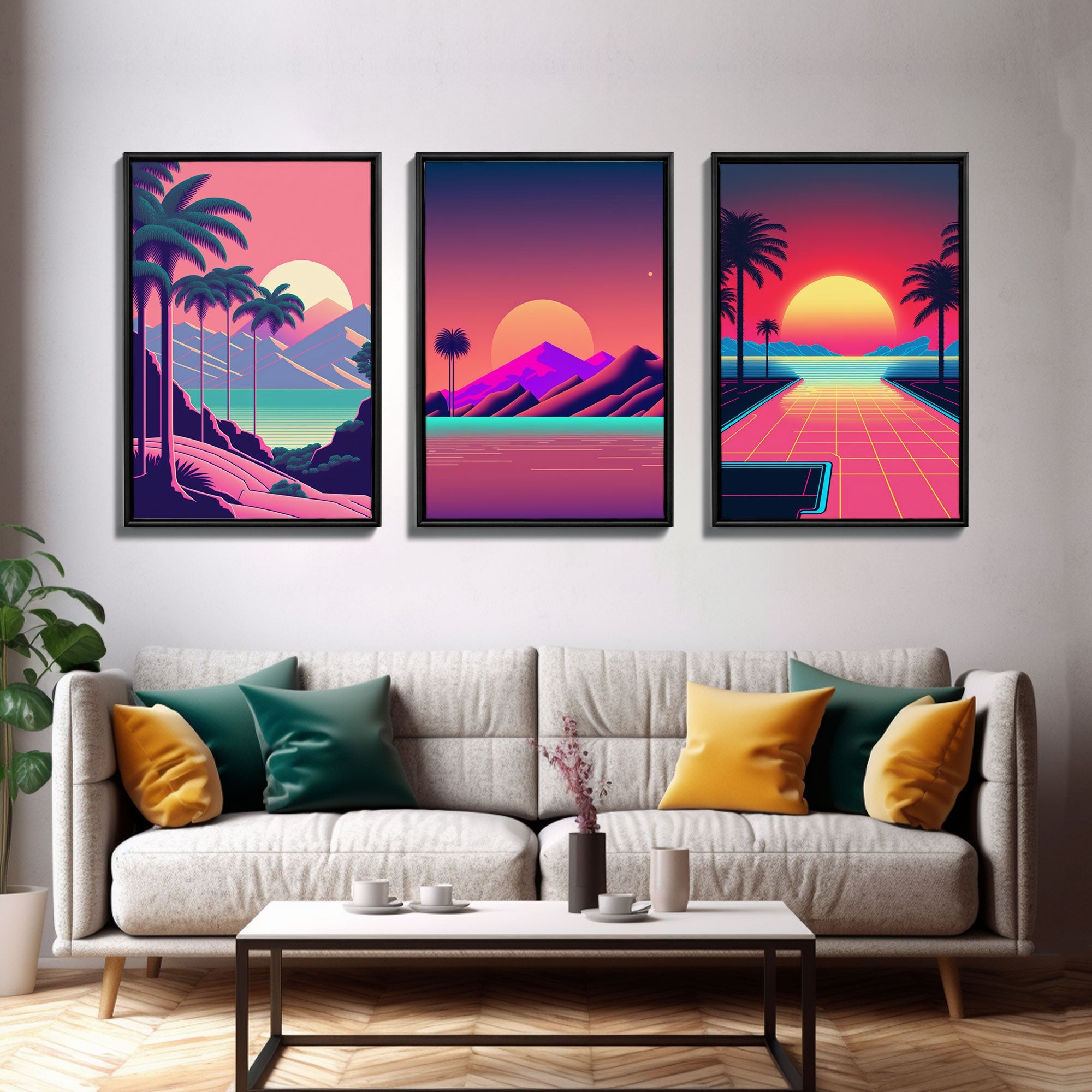 Retro 80s Style Art, 3 Panel Framed Canvas Prints