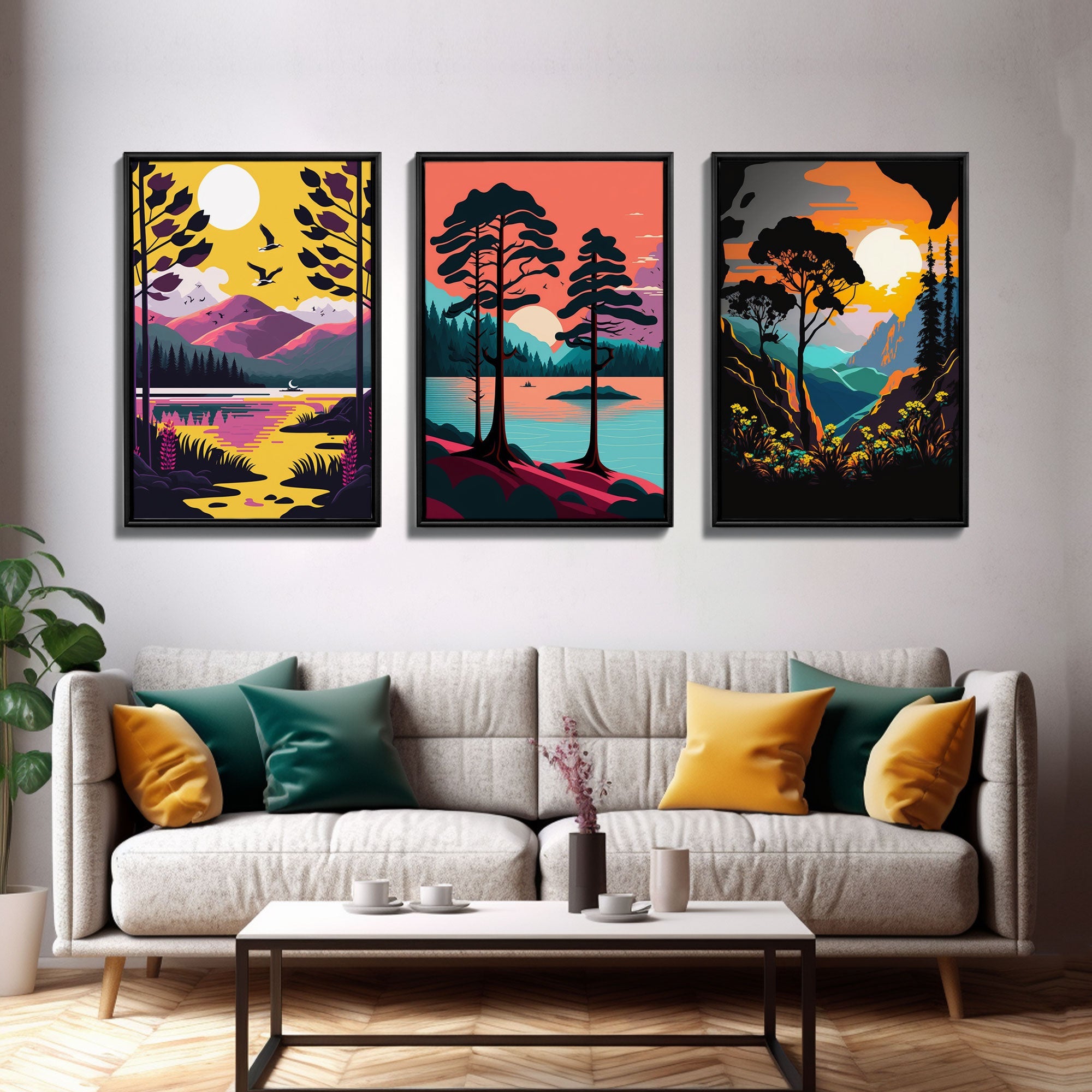 3 Piece Framed Canvas Wall Art, Mountain Range Top Print