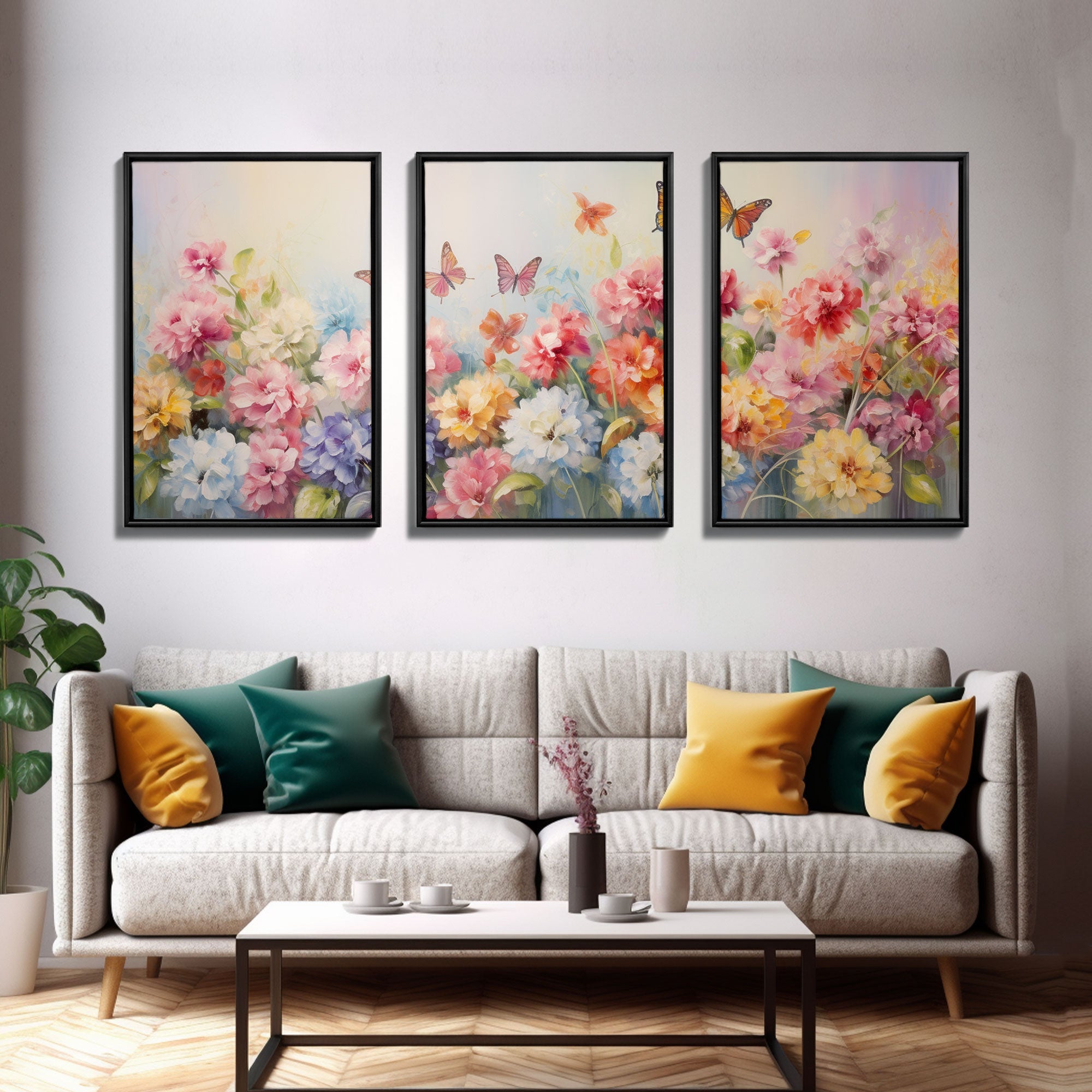 Peony Wall Art, Butterflies Art, Canvas Print, 3 Piece Wall Art