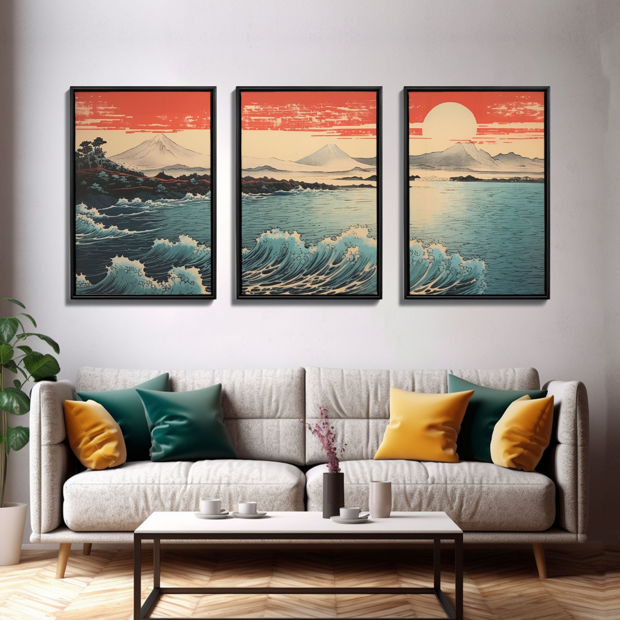 Ocean Waves, Japanese Wall Art, Canvas Print, 3 Piece Wall Art