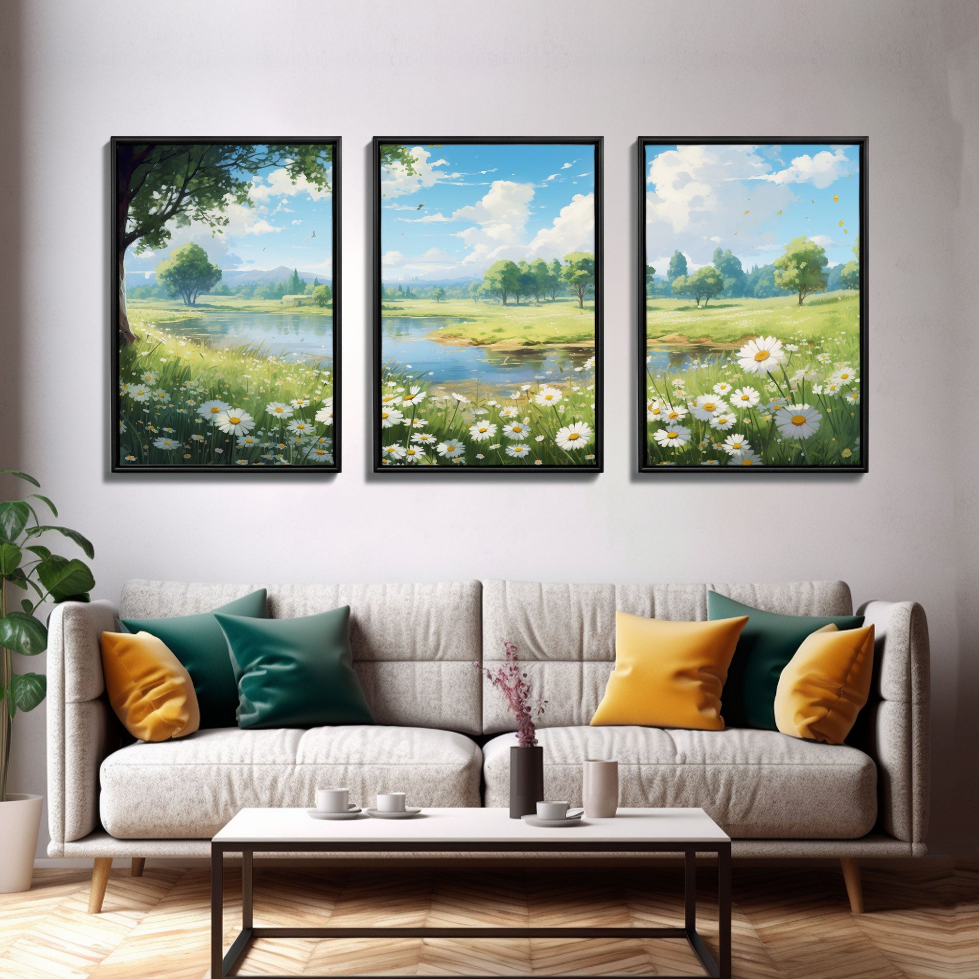 Beautiful Spring Meadow Landscape Painting 3 Piece Set, Wall Art