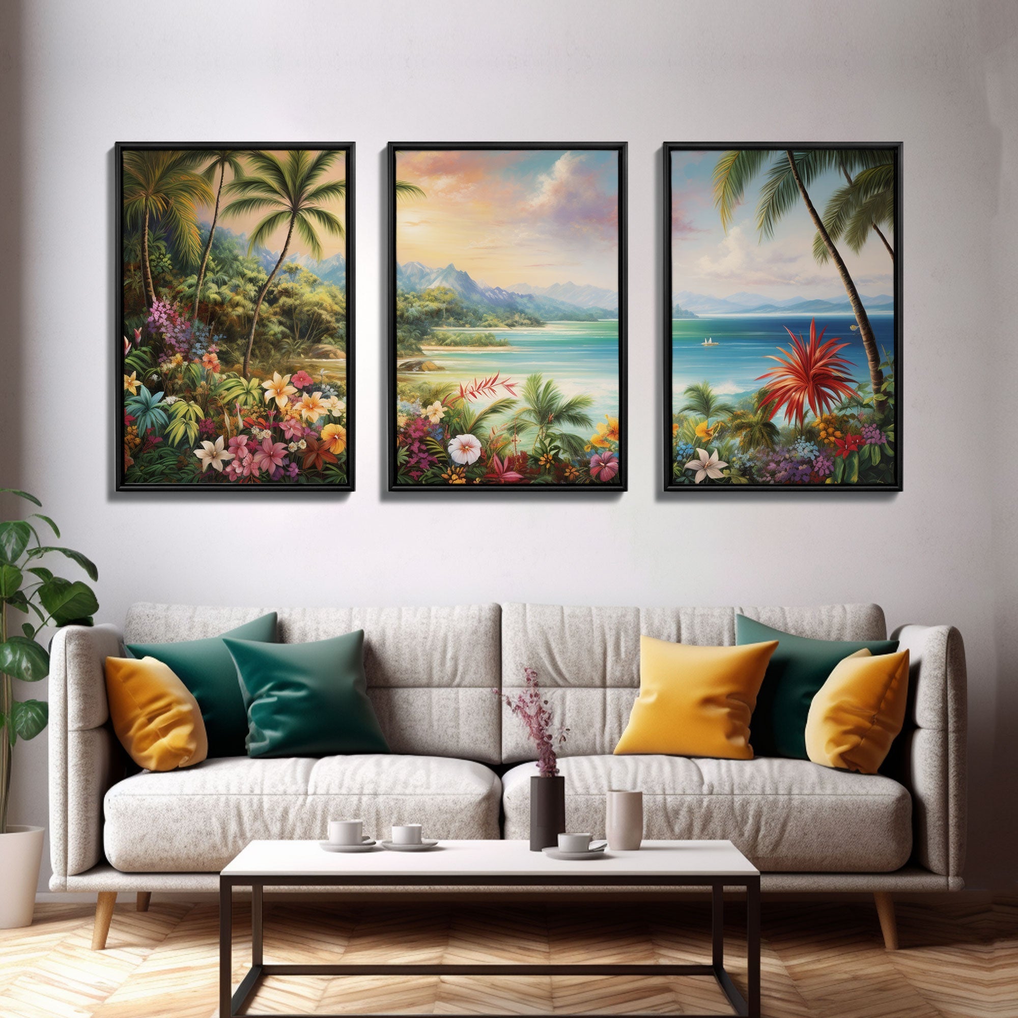 Tropical Wall Art, Canvas Print, Set Of 3 Prints