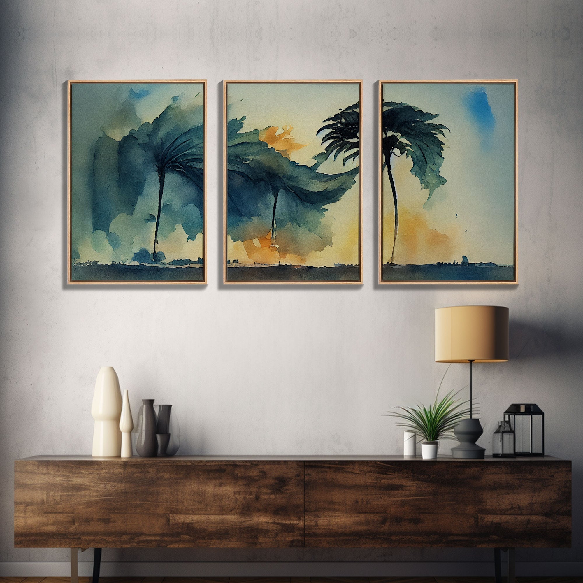 Watercolor of a Palm Tree Blowing in a Hurricane, 3 Piece Canvas Print, Wall Art