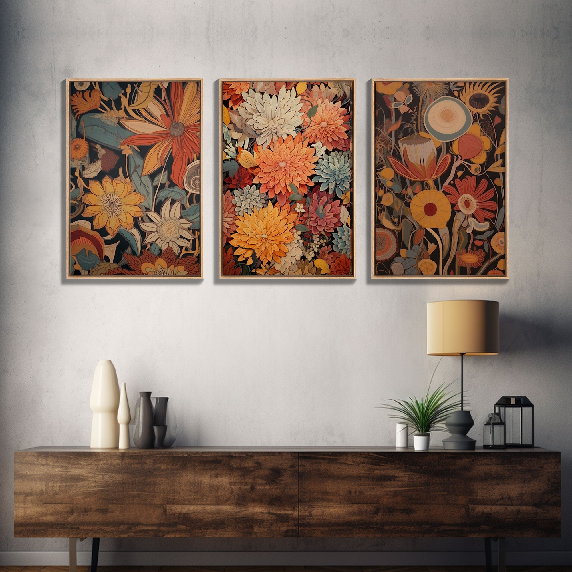 Boho Style Wall Art, Framed Canvas Print 3 Piece Set