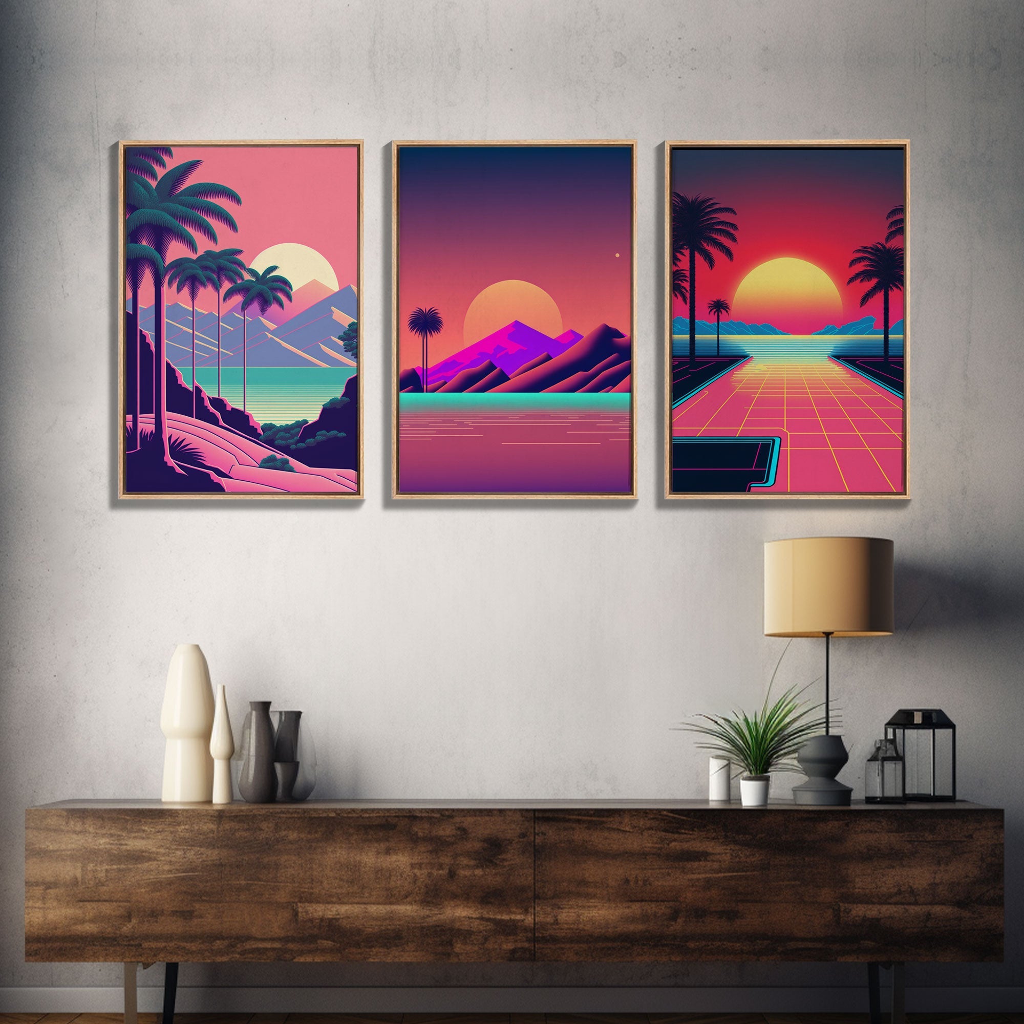 Retro 80s Style Art, 3 Panel Framed Canvas Prints