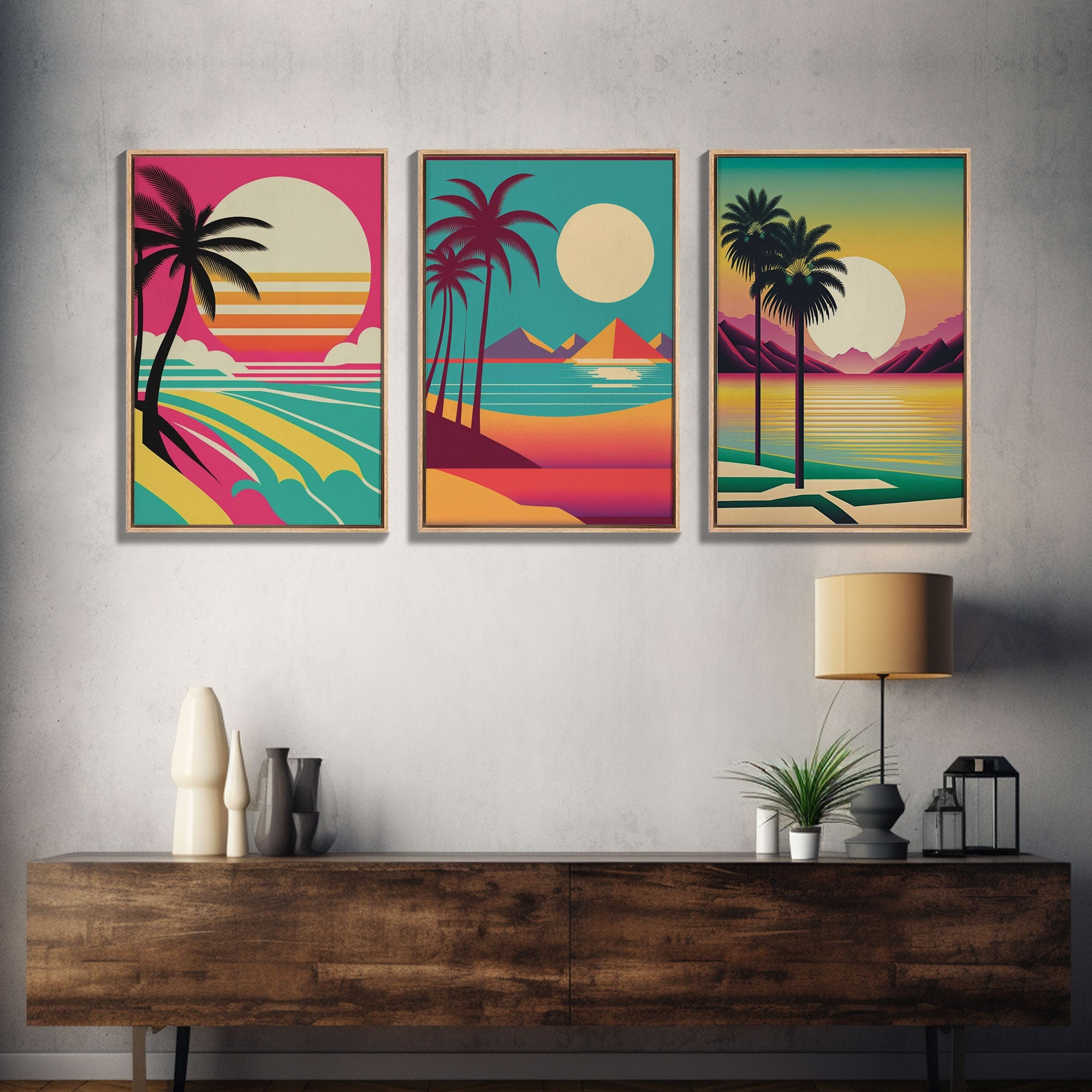 Beautiful Turquoise Retro Style Beach Art, Triptych 3 Panel Framed Canvas Prints