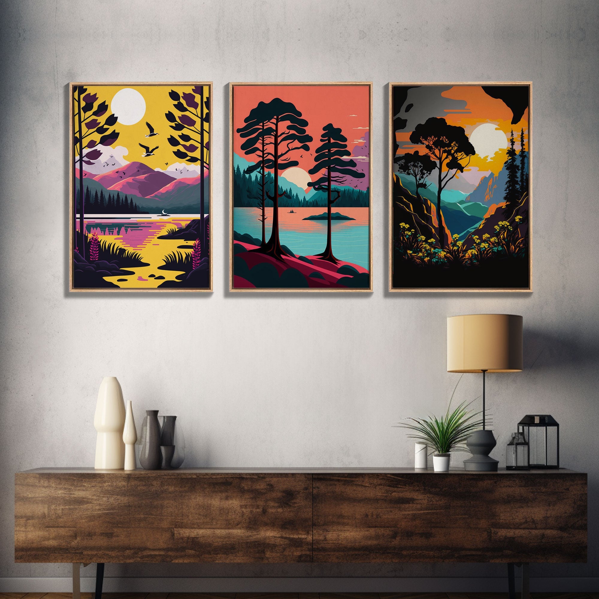 3 Piece Framed Canvas Wall Art, Mountain Range Top Print