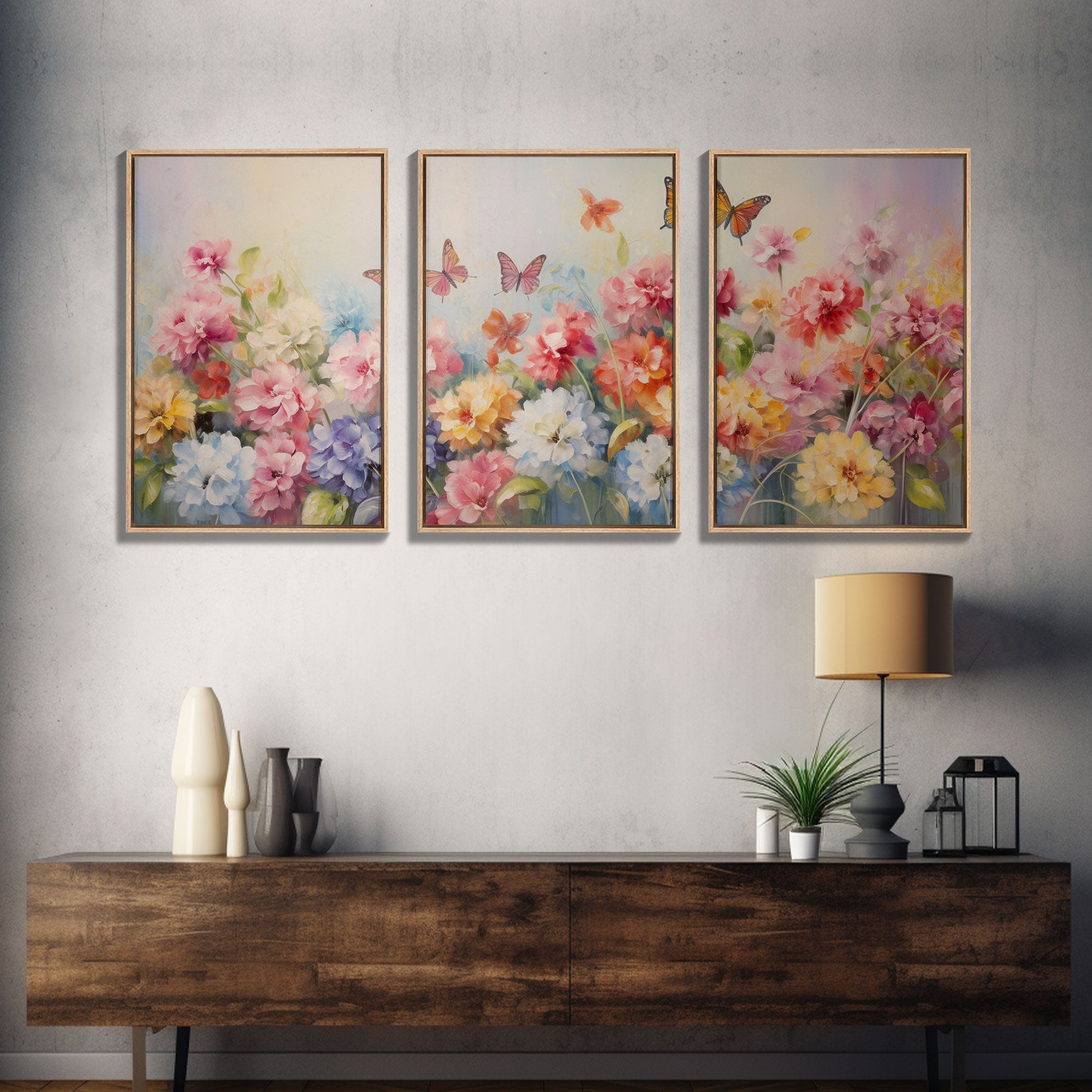 Peony Wall Art, Butterflies Art, Canvas Print, 3 Piece Wall Art