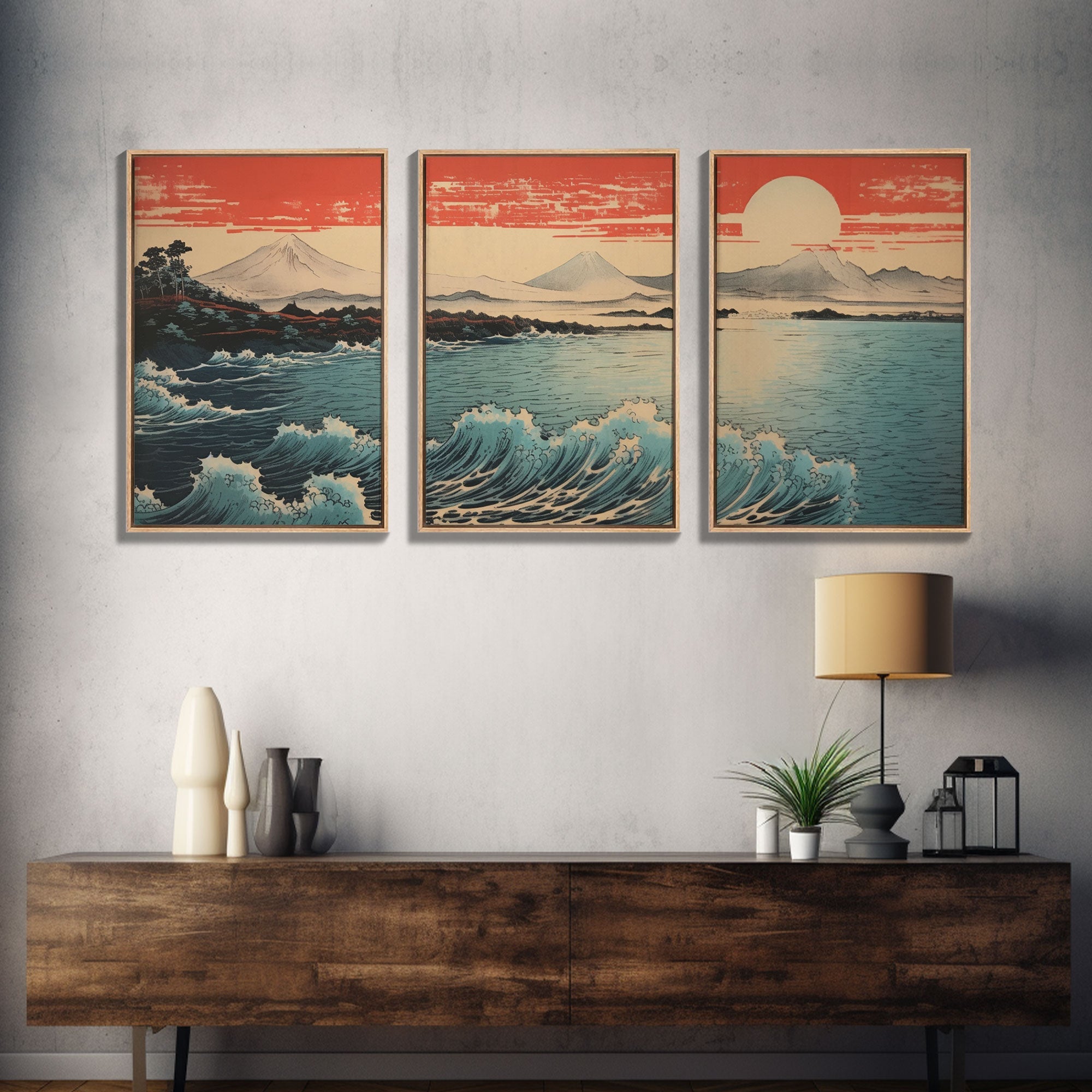 Ocean Waves, Japanese Wall Art, Canvas Print, 3 Piece Wall Art