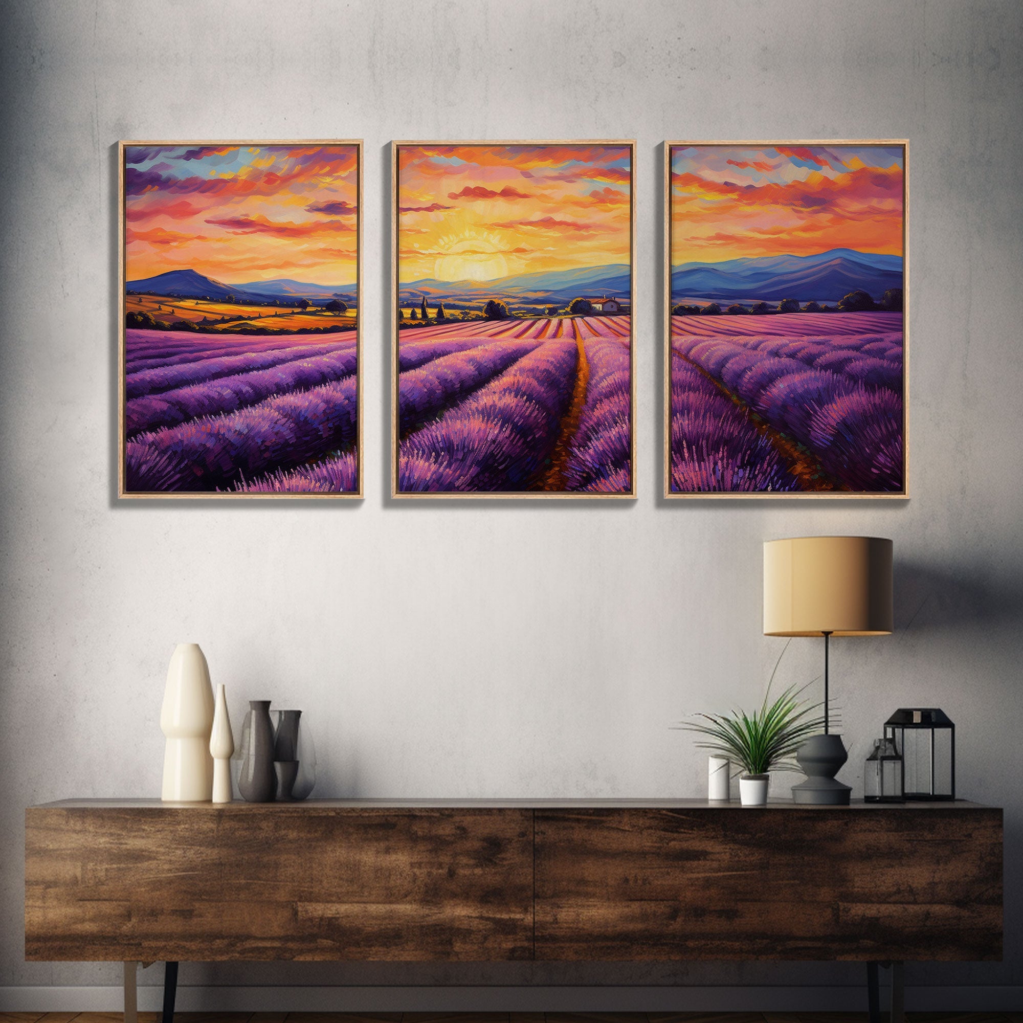 Purple Lavender Fields, 3 Piece Wall Art, Framed Canvas Print