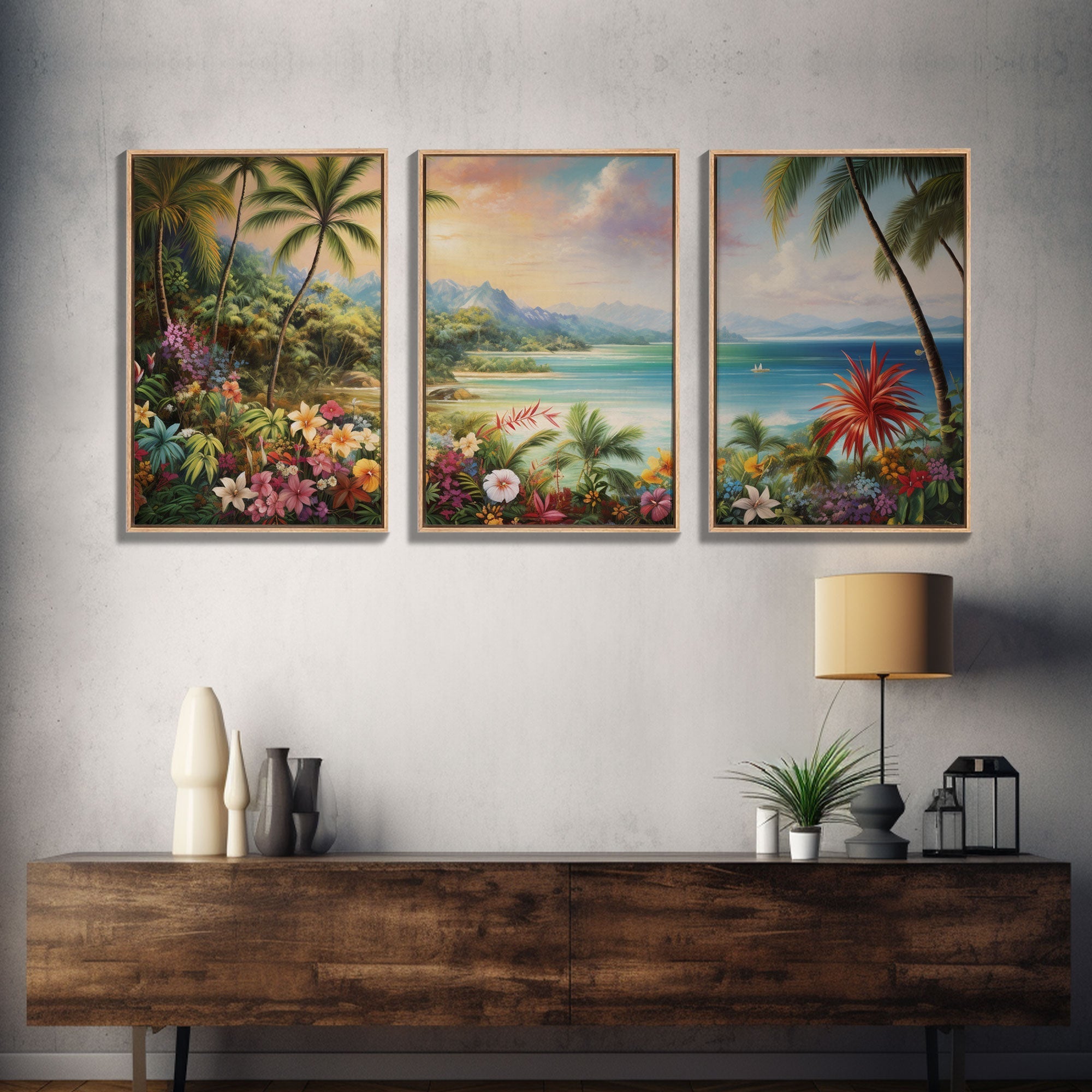 Tropical Wall Art, Canvas Print, Set Of 3 Prints